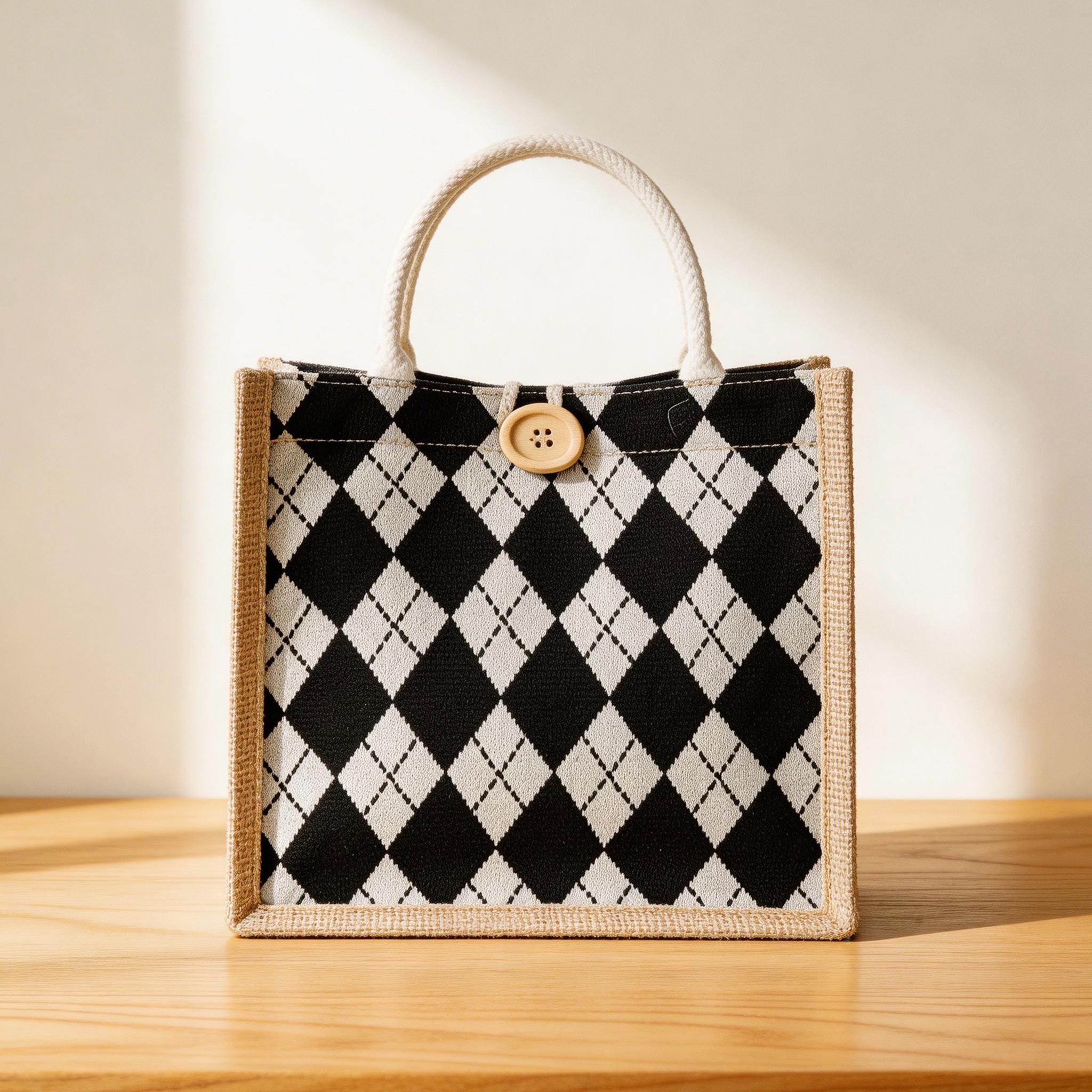 Small Argyle Tote Bag | Woven Jute Mini Handbag | Preppy Plaid Lunch Purse | Vintage Top Handle Bag | Casual Summer Accessory Gift for Her view 4