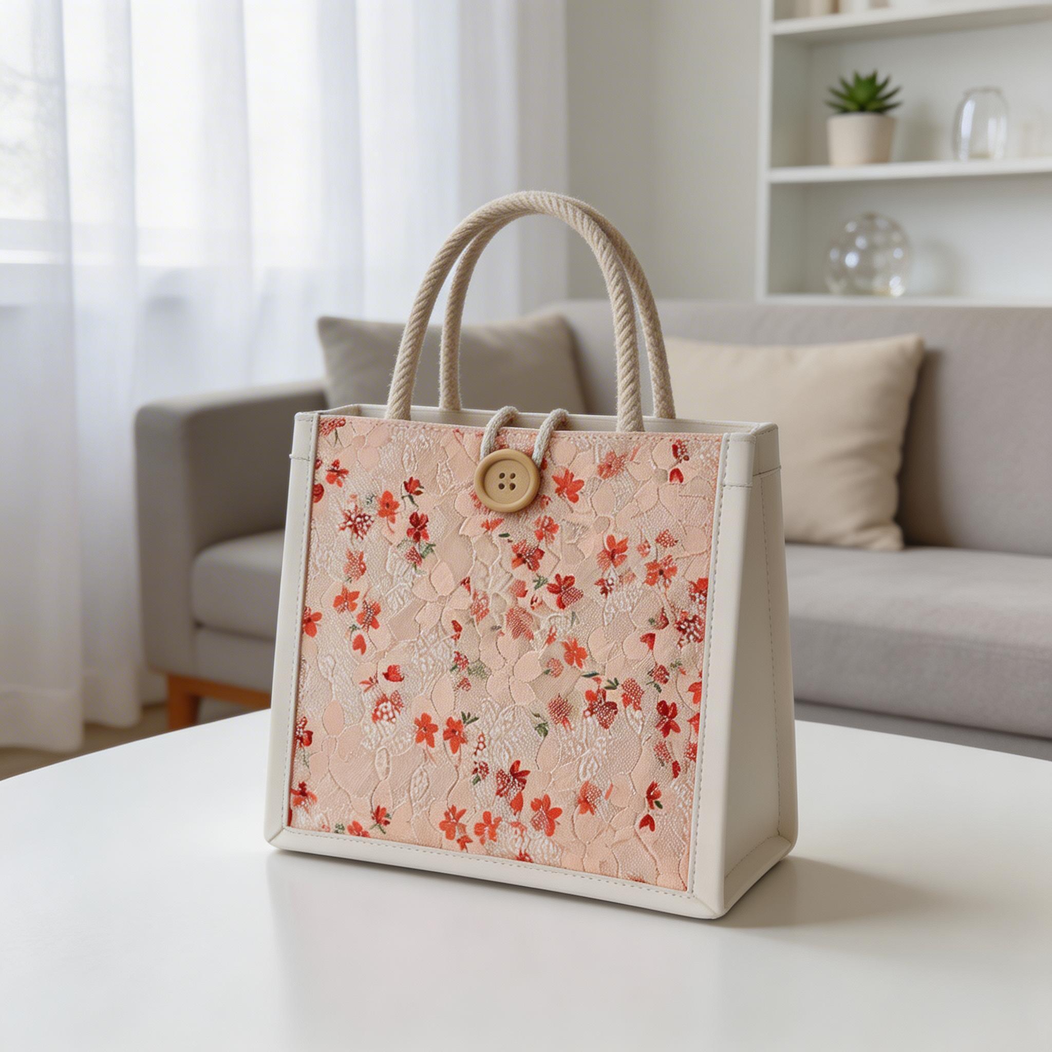 Floral Lace Vegan Leather Tote, Small Structured Handbag, PU Leather Handbag, Cute Lunch Box, Mothers Day Gift view 7