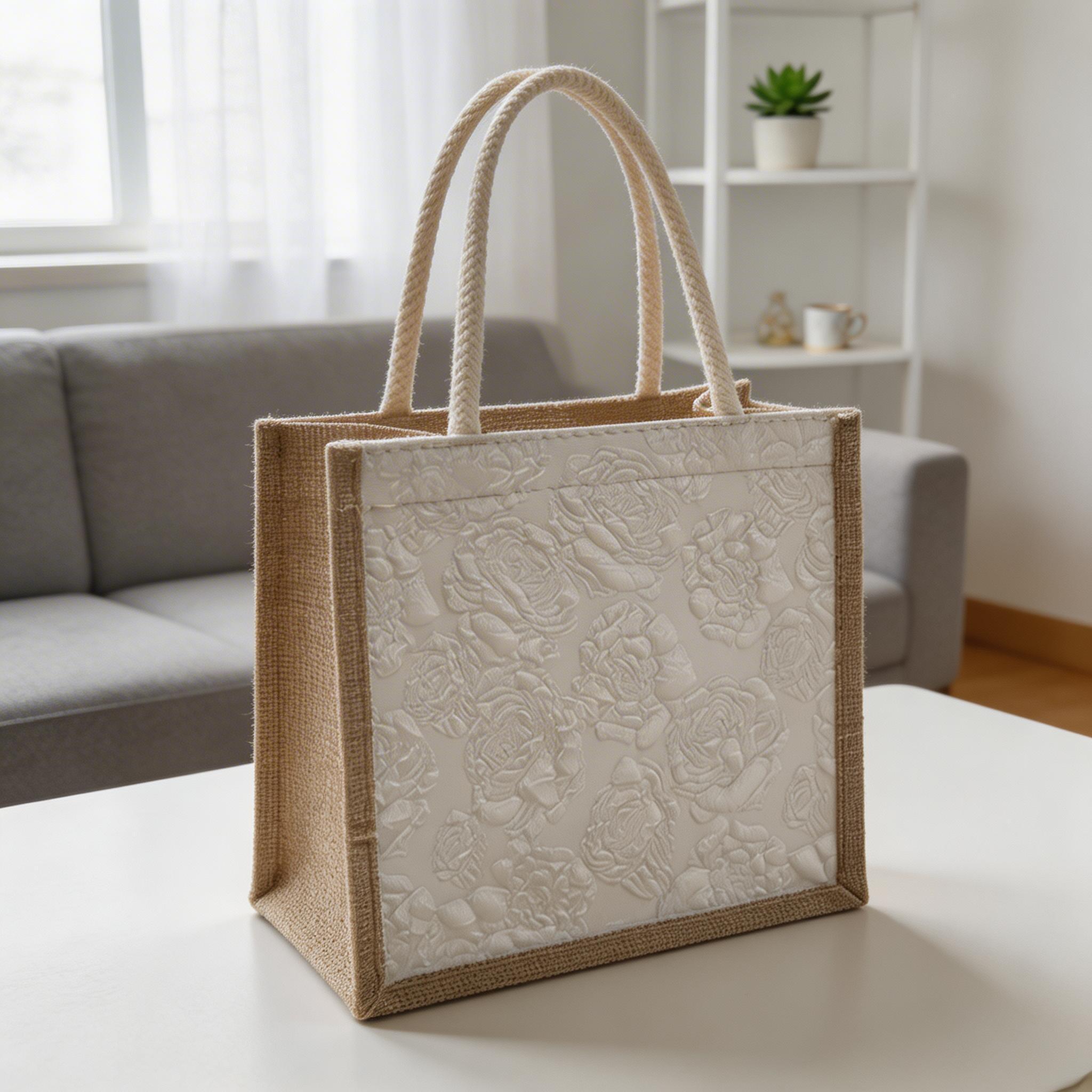 Small Burlap Tote Bag for Women Textured Floral Jacquard Handbag Eco Friendly Shopper Woven Market Purse Bridesmaid Proposal Gift Bag view 12
