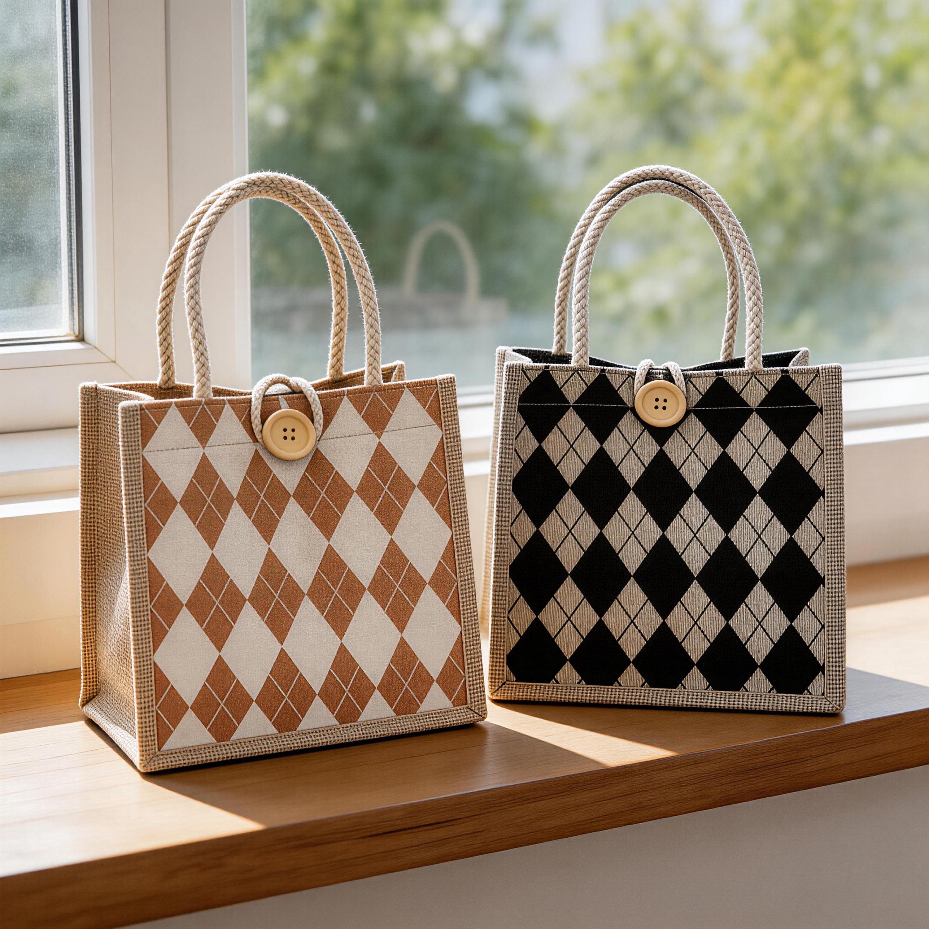 Small Argyle Tote Bag | Woven Jute Mini Handbag | Preppy Plaid Lunch Purse | Vintage Top Handle Bag | Casual Summer Accessory Gift for Her view 2