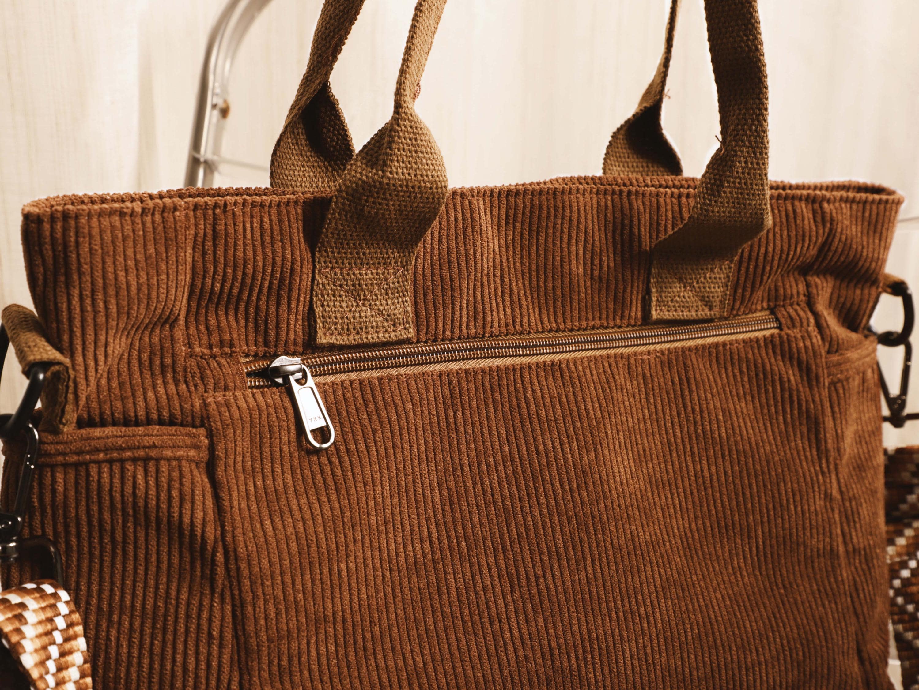 Personalized Custom Names, Retro Corduroy Tote Bag, Adjustable Strap, Multiple Pockets, Casual Travel Shoulder Bag, Leather Labels view 11