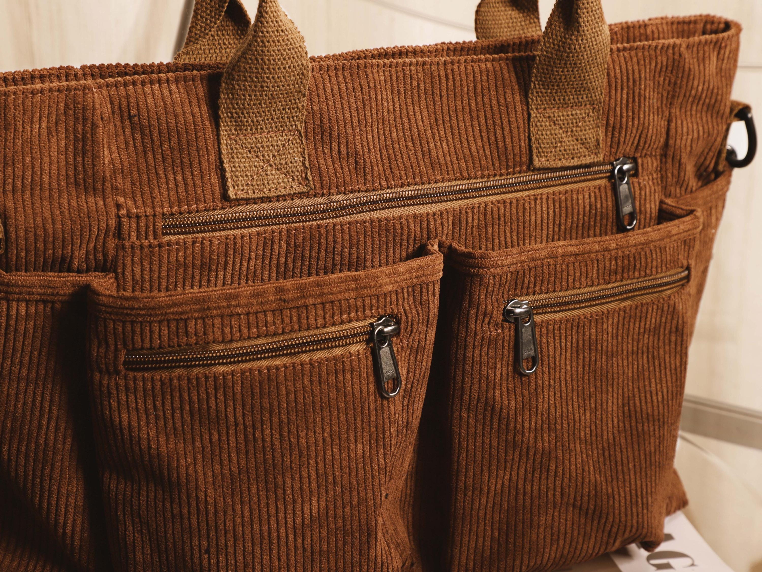 Personalized Custom Names, Retro Corduroy Tote Bag, Adjustable Strap, Multiple Pockets, Casual Travel Shoulder Bag, Leather Labels view 10