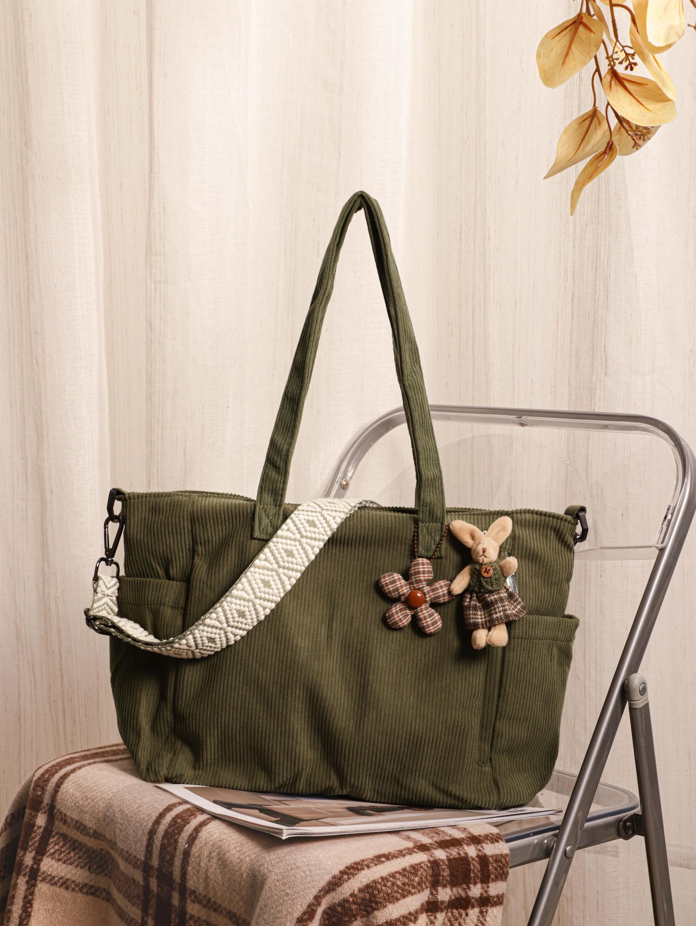 Corduroy Tote Bag, Soft Green Everyday Travel Work Bag, Shoulder Crossbody Style view 2