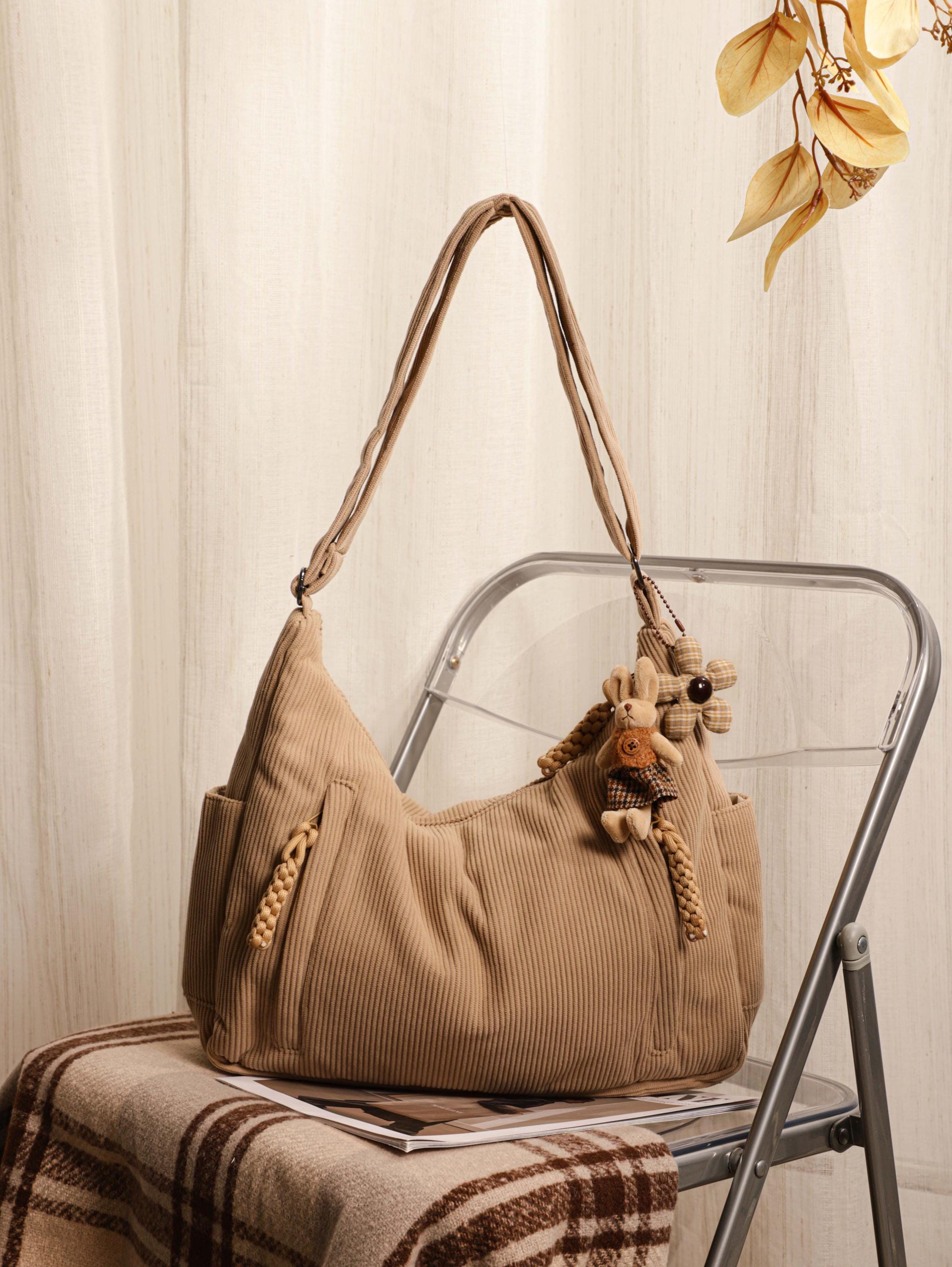 Corduroy Tote Bag, Women's Shoulder Bag, Zipper Pocket, Adjustable Strap view 7