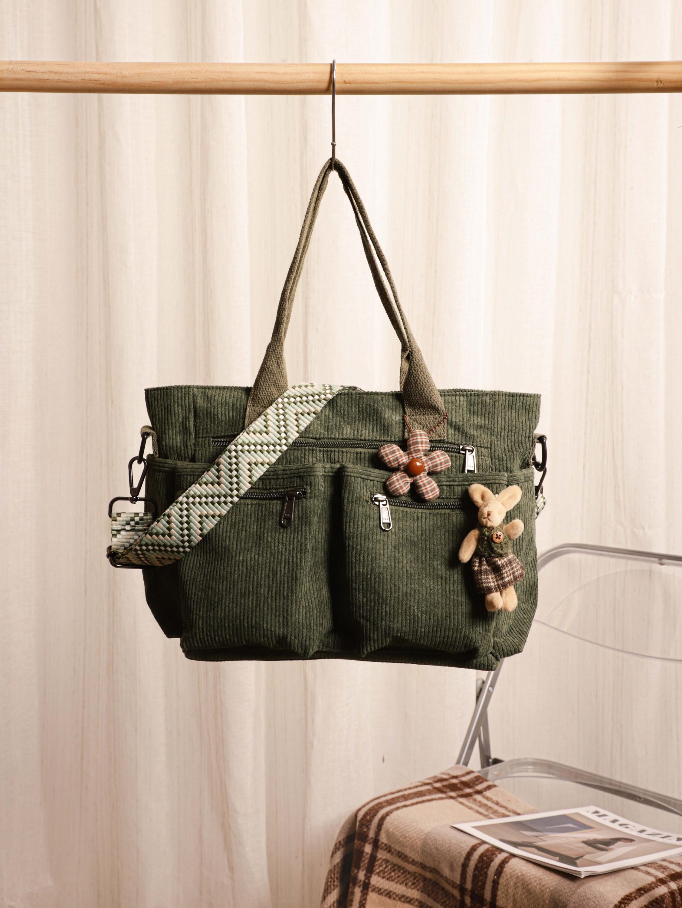 Retro Corduroy Tote Bag, Adjustable Strap, Multiple Pockets, Casual Travel Shoulder Bag view 8