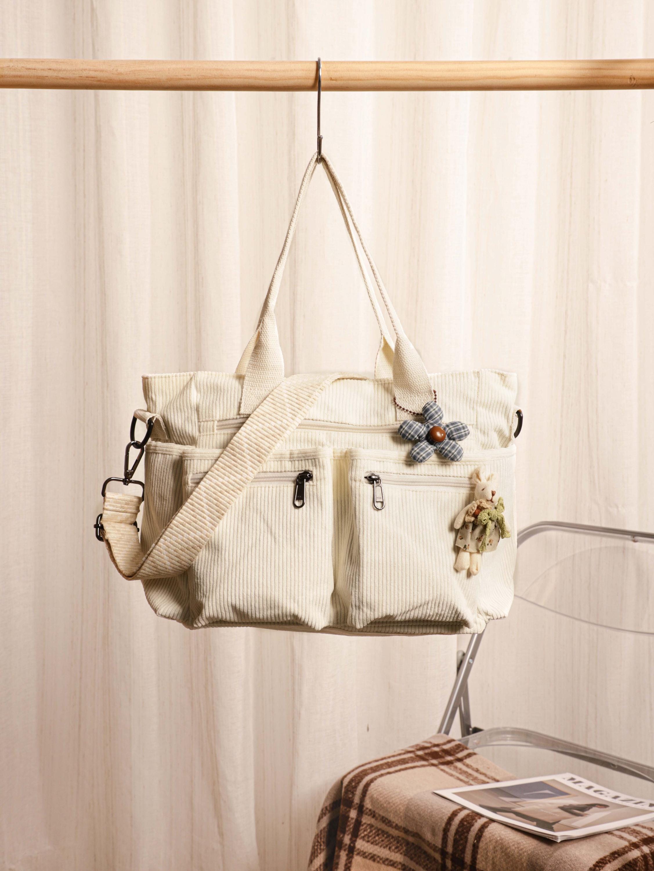 Retro Corduroy Tote Bag, Adjustable Strap, Multiple Pockets, Casual Travel Shoulder Bag view 10