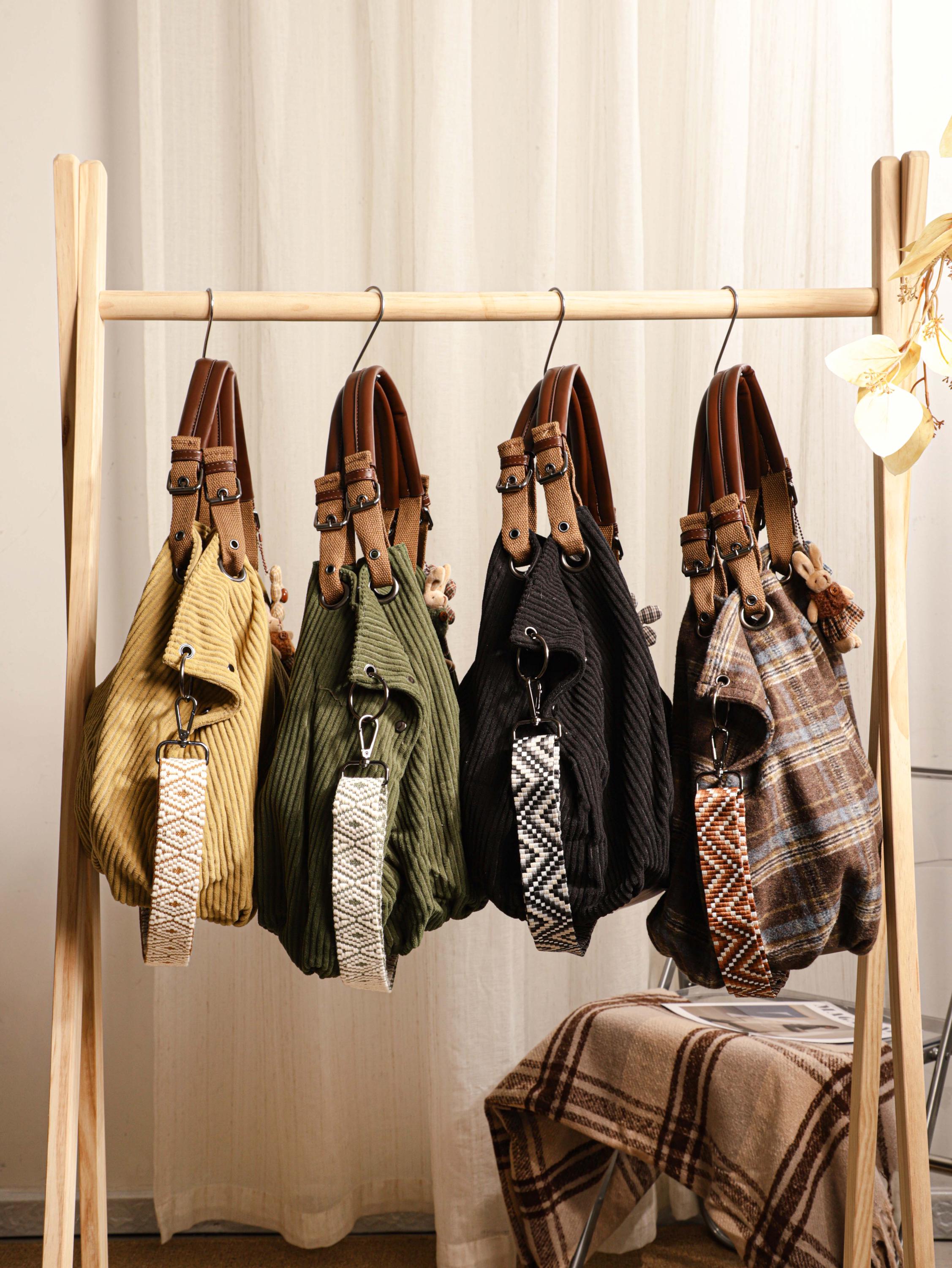 Retro Tote Bag, Shoulder Bag, Corduroy Crossbody Bag With Adjustable Strap, Leather Label, Travel Crossbody Bag view 12