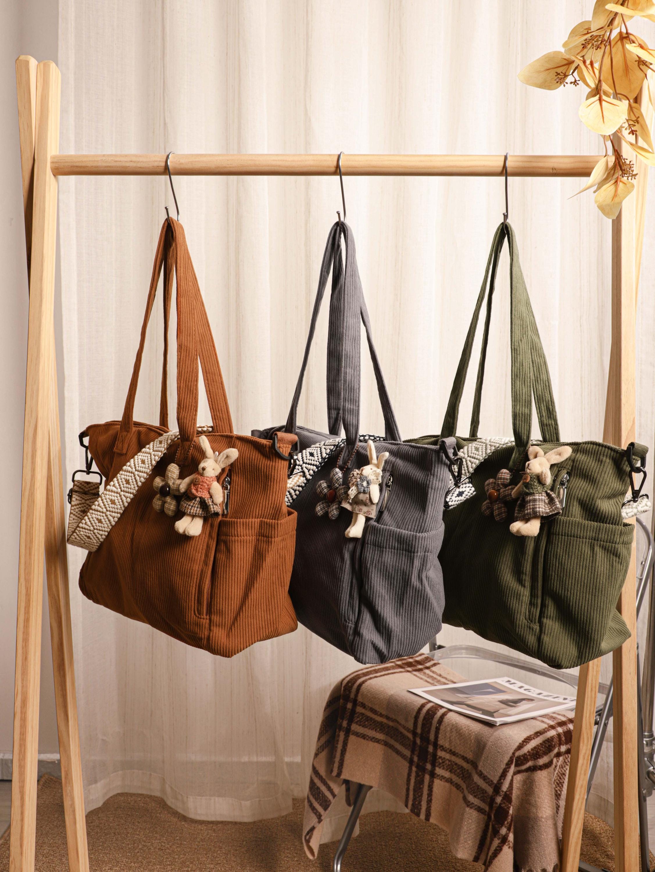 Corduroy Tote Bag, Soft Green Everyday Travel Work Bag, Shoulder Crossbody Style view 6