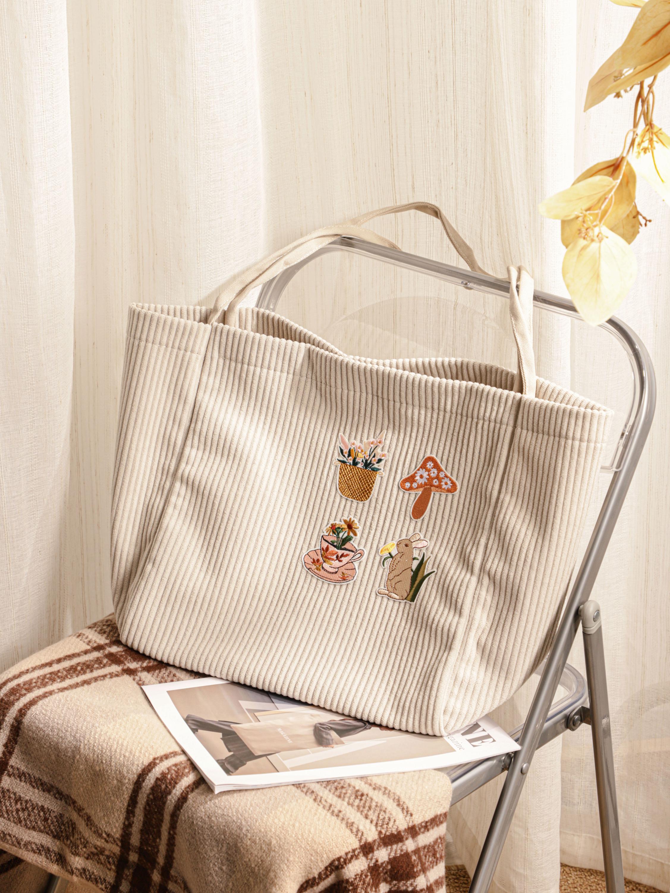 Corduroy Tote Bag, Embroidered Fabric Appliqué Corduroy Bag, Christmas Gift, Gift for Her, Everyday Bag view 4