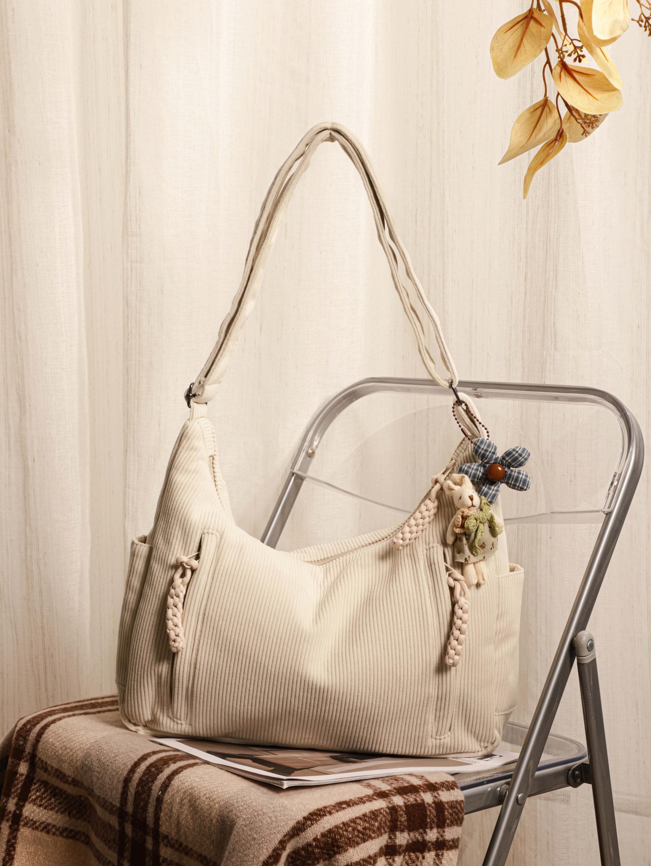 Corduroy Tote Bag, Women's Shoulder Bag, Zipper Pocket, Adjustable Strap view 9
