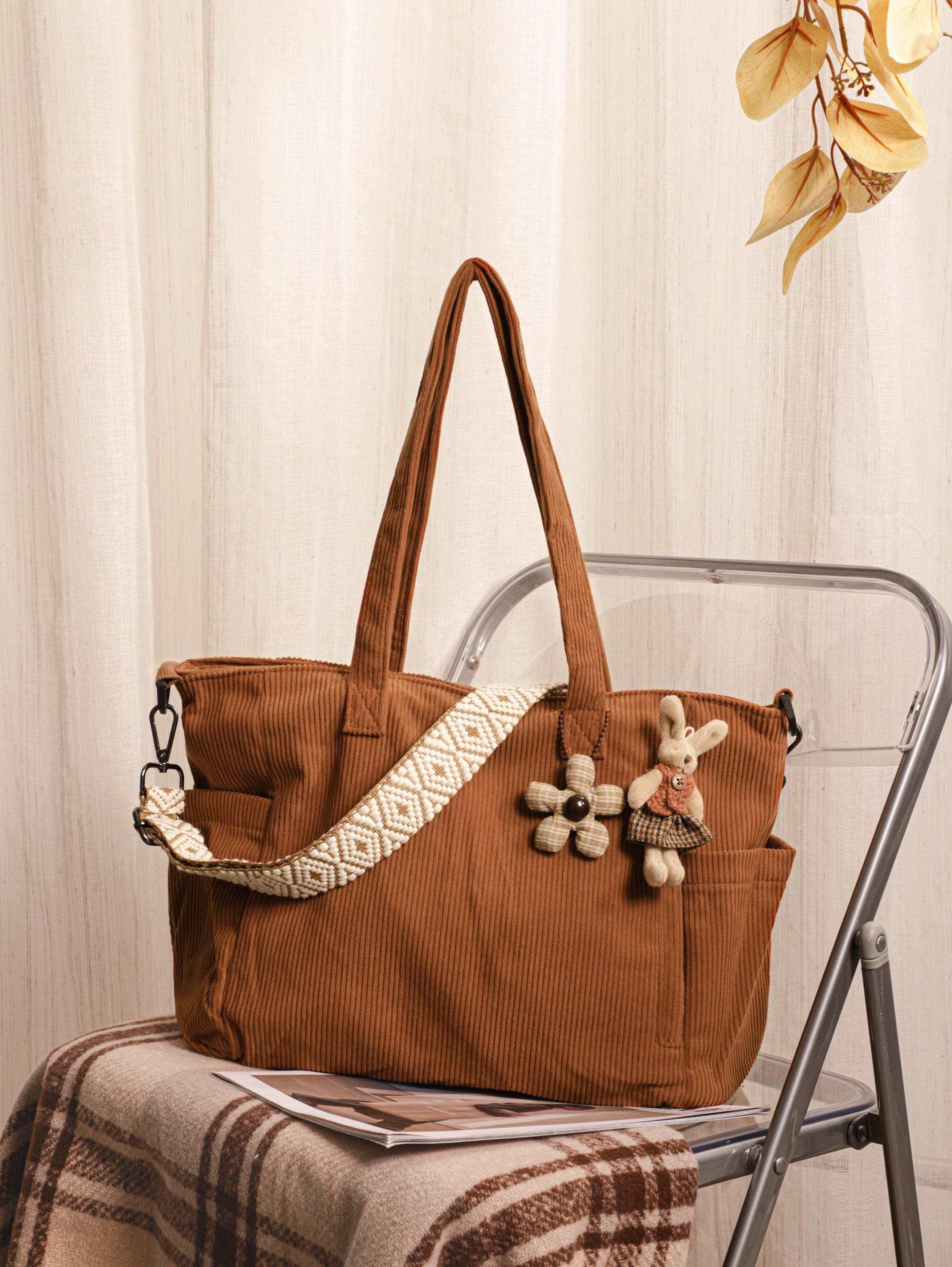 Corduroy Tote Bag, Soft Green Everyday Travel Work Bag, Shoulder Crossbody Style view 5