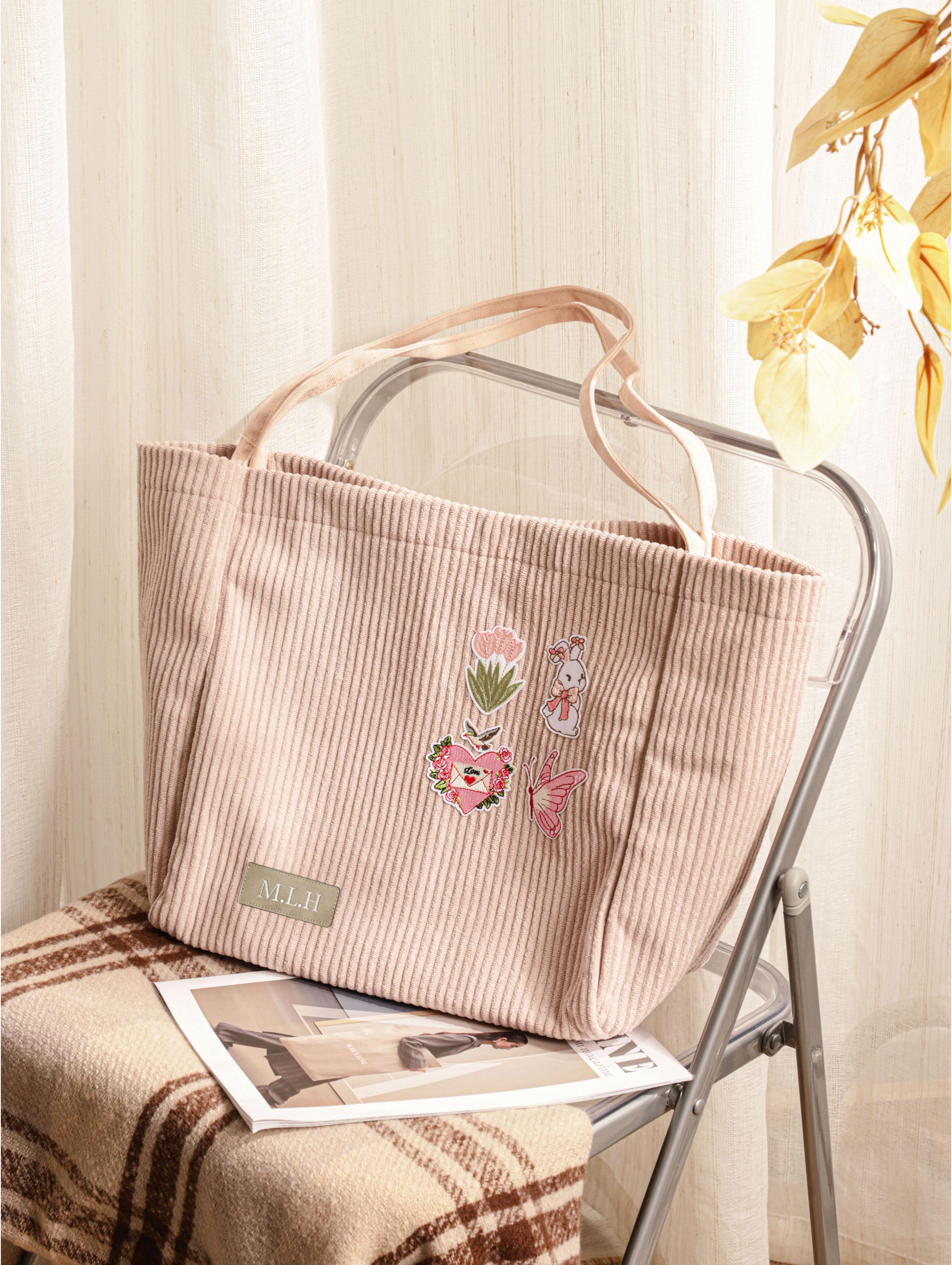 Corduroy Tote Bag, Embroidered Fabric Appliqué Corduroy Bag, Christmas Gift, Gift for Her, Everyday Bag view 9