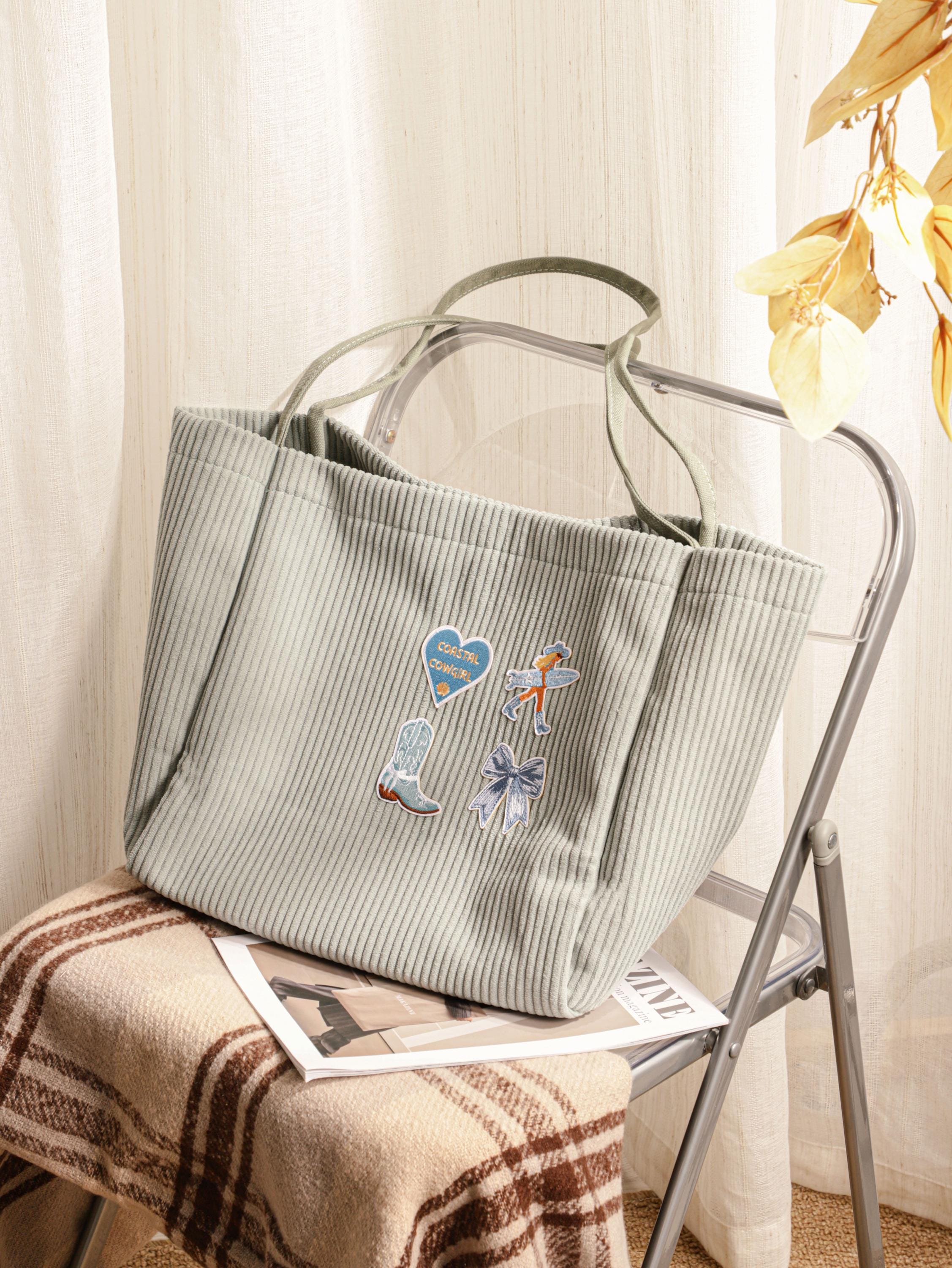 Corduroy Tote Bag, Embroidered Fabric Appliqué Corduroy Bag, Christmas Gift, Gift for Her, Everyday Bag view 5