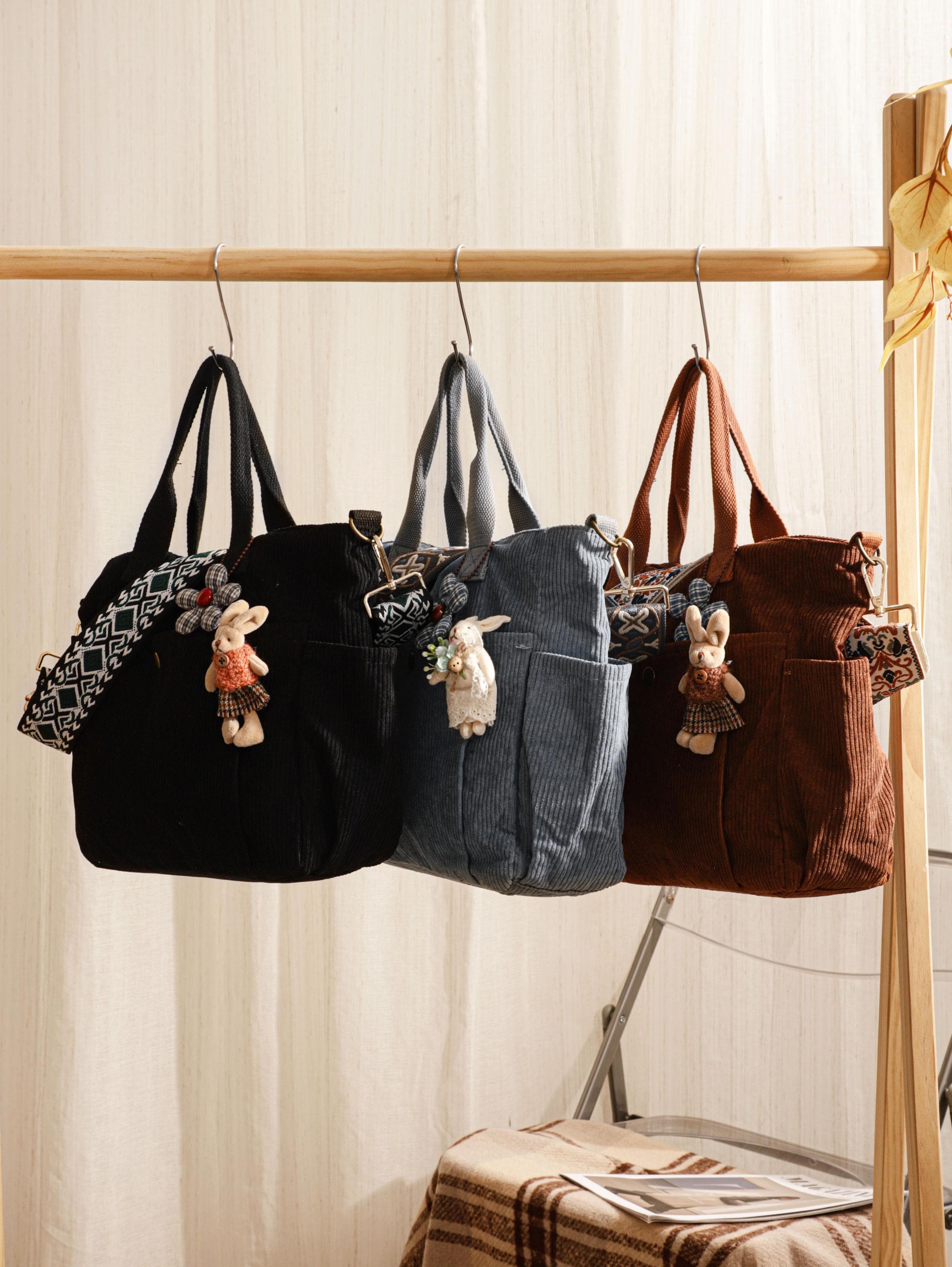 Corduroy Crossbody Tote Bag, Large Capacity Travel Bag view 7