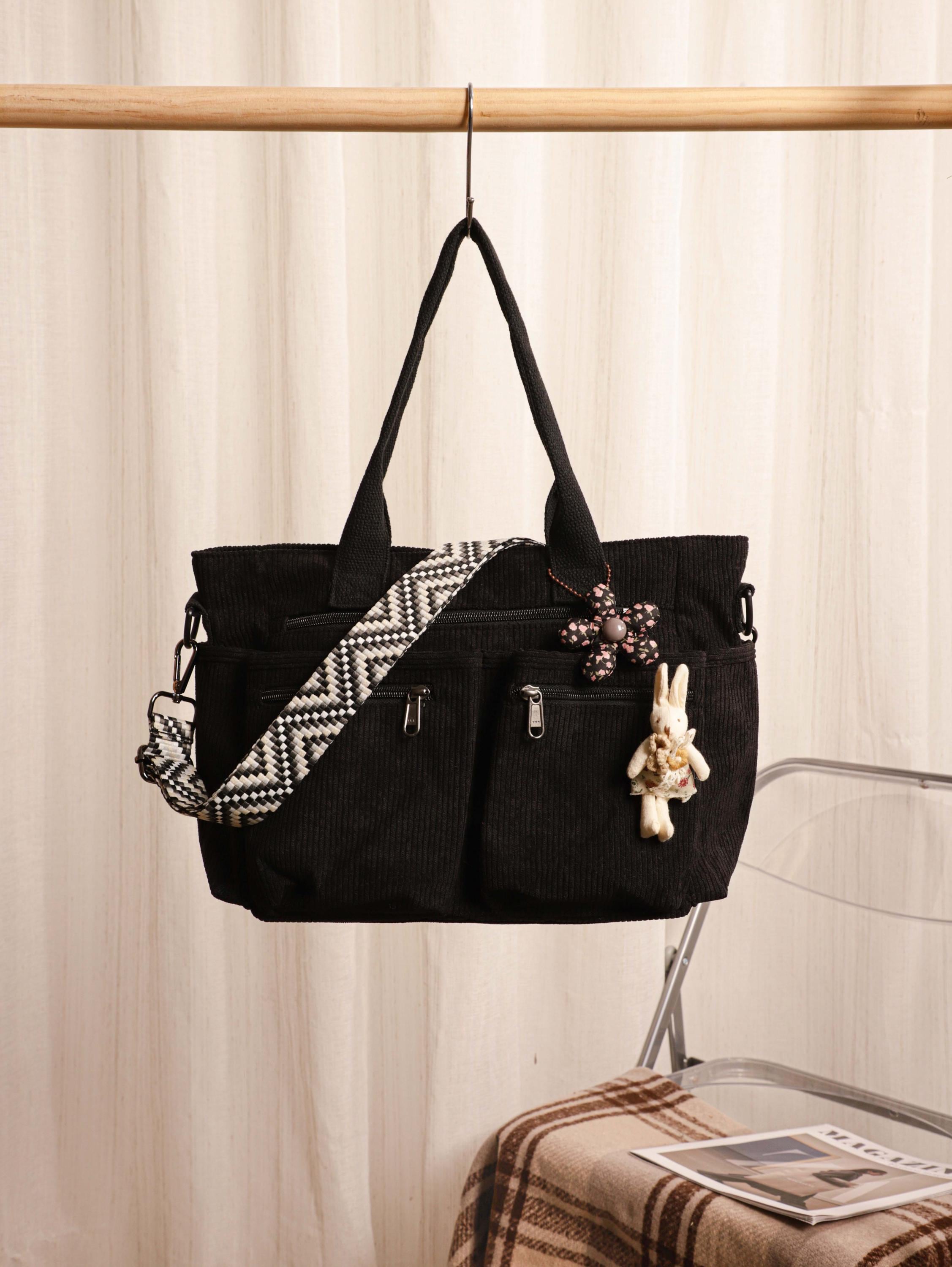 Retro Corduroy Tote Bag, Adjustable Strap, Multiple Pockets, Casual Travel Shoulder Bag view 9
