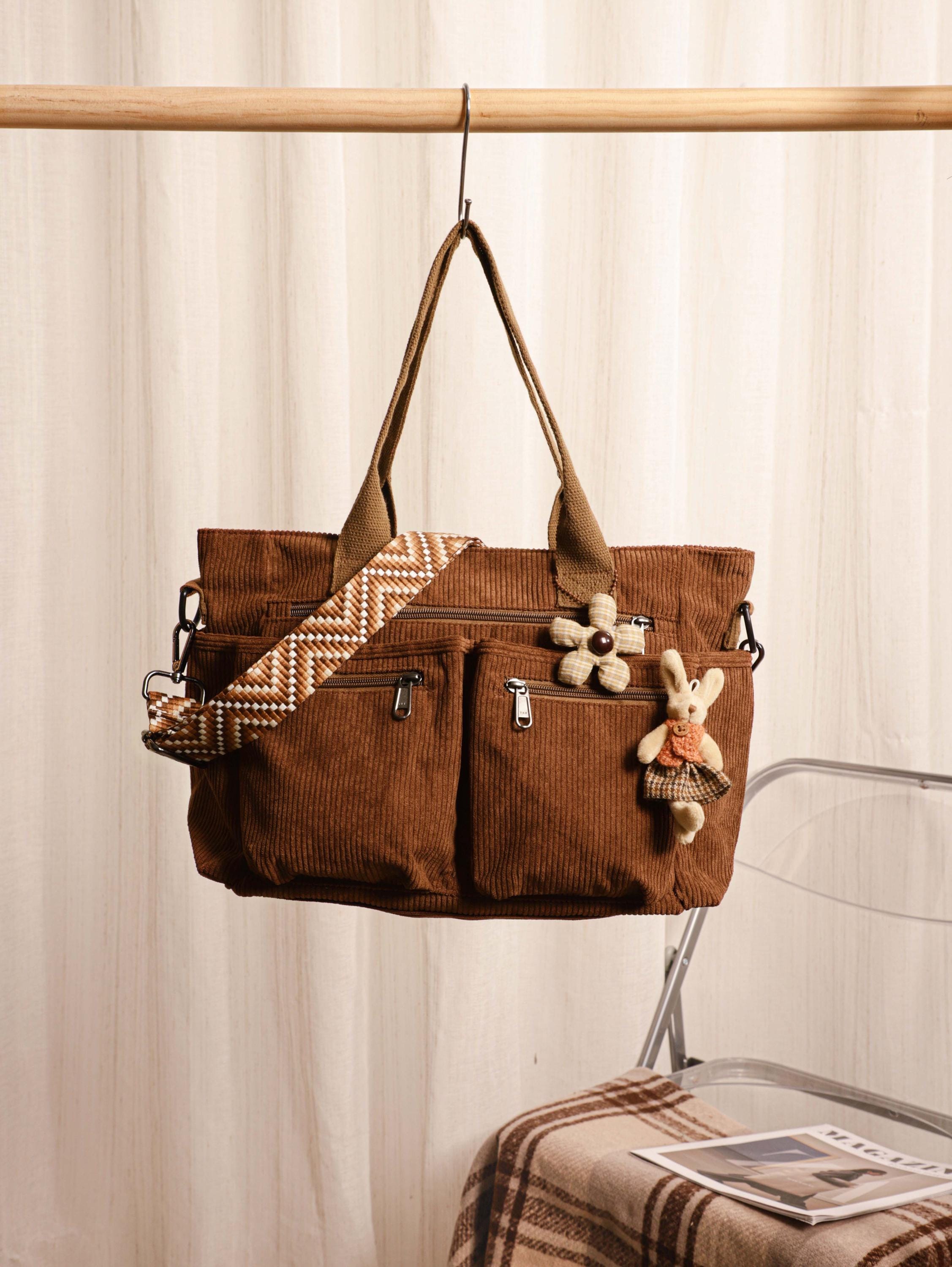 Retro Corduroy Tote Bag, Adjustable Strap, Multiple Pockets, Casual Travel Shoulder Bag view 11