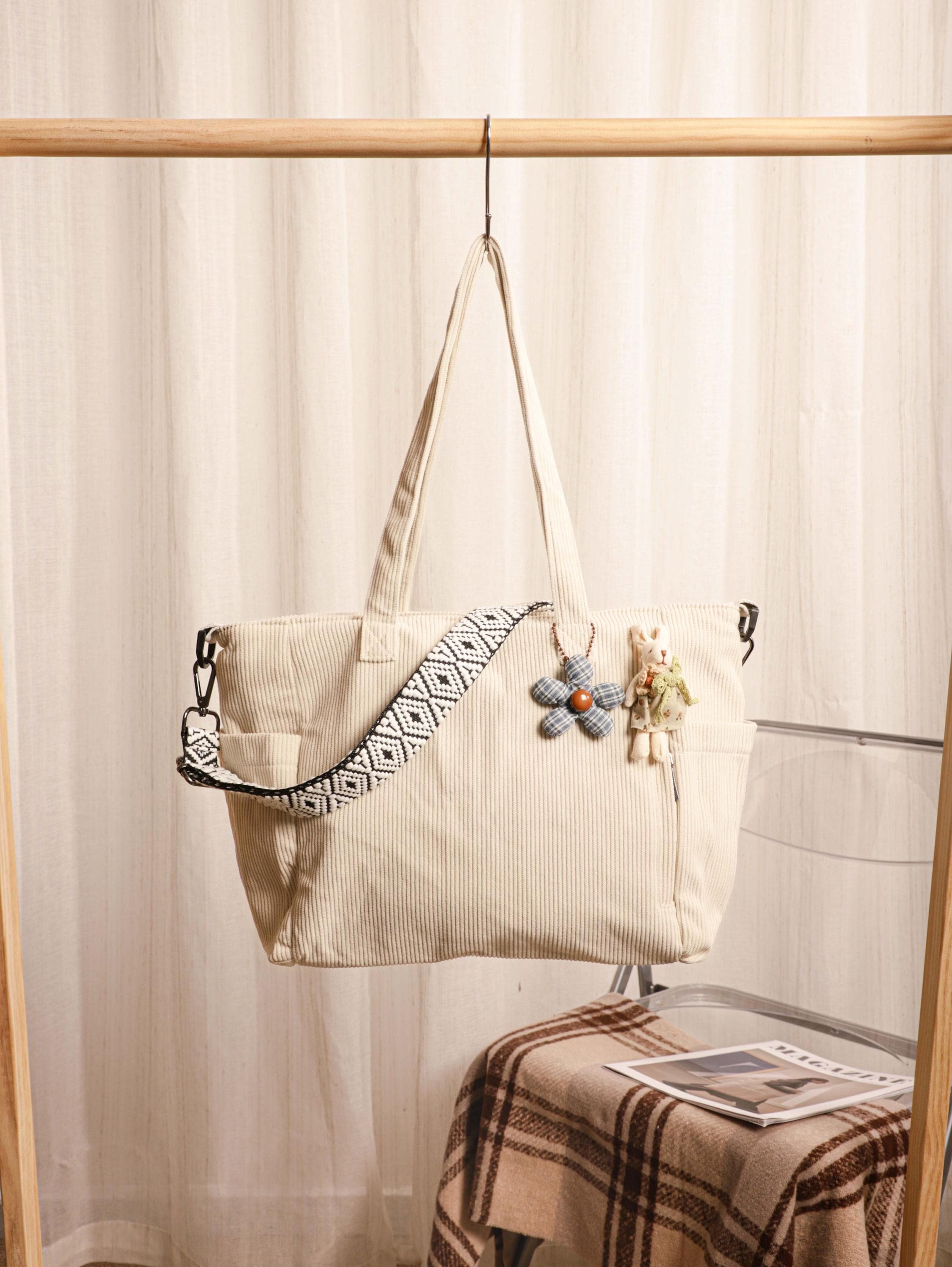 Corduroy Tote Bag, Soft Green Everyday Travel Work Bag, Shoulder Crossbody Style view 9