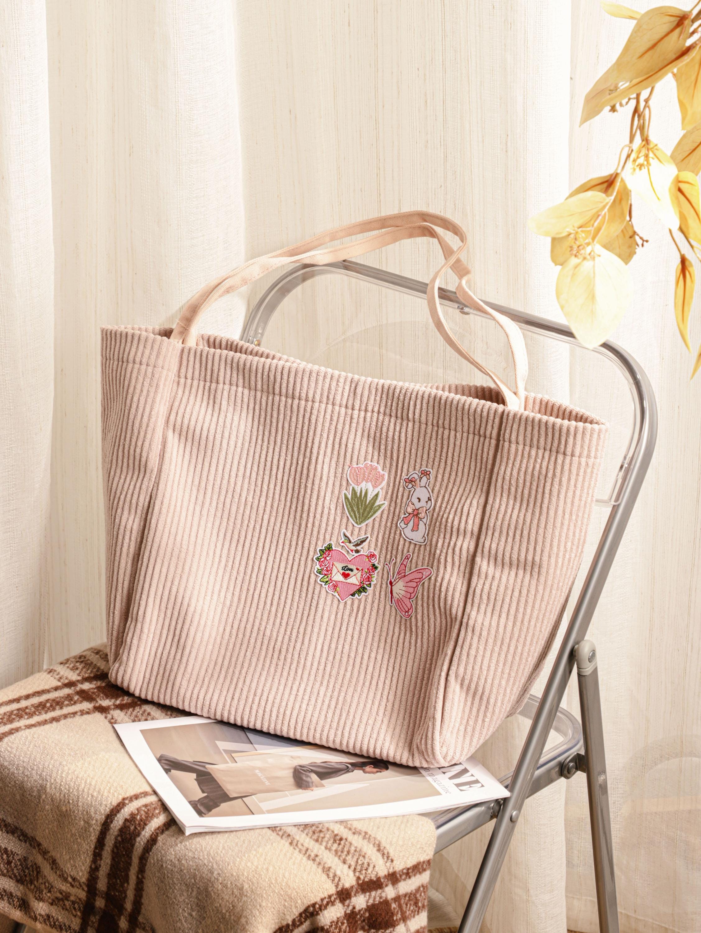 Corduroy Tote Bag, Embroidered Fabric Appliqué Corduroy Bag, Christmas Gift, Gift for Her, Everyday Bag view 3