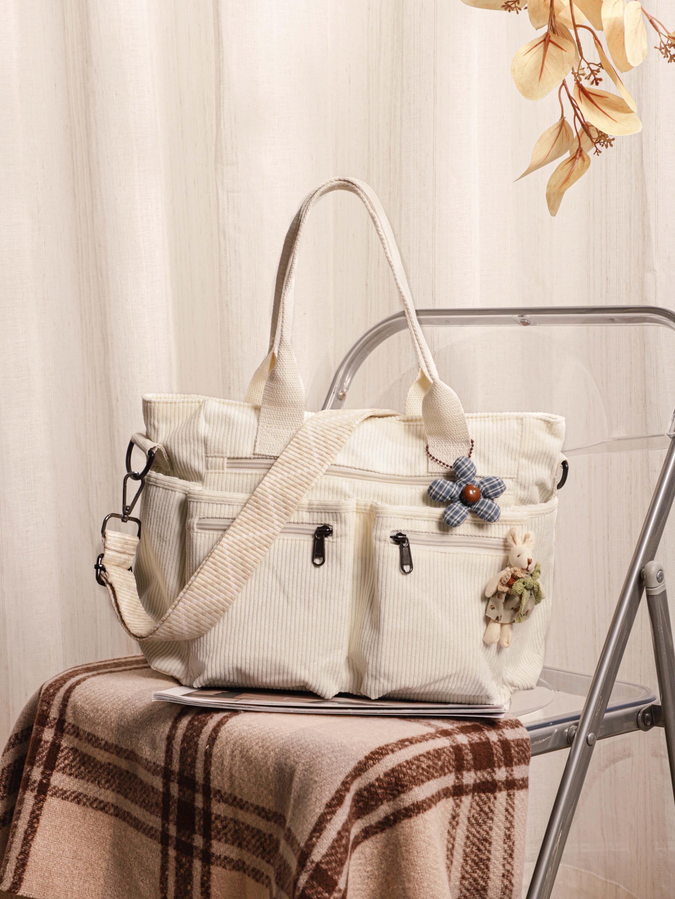 Retro Corduroy Tote Bag, Adjustable Strap, Multiple Pockets, Casual Travel Shoulder Bag view 7