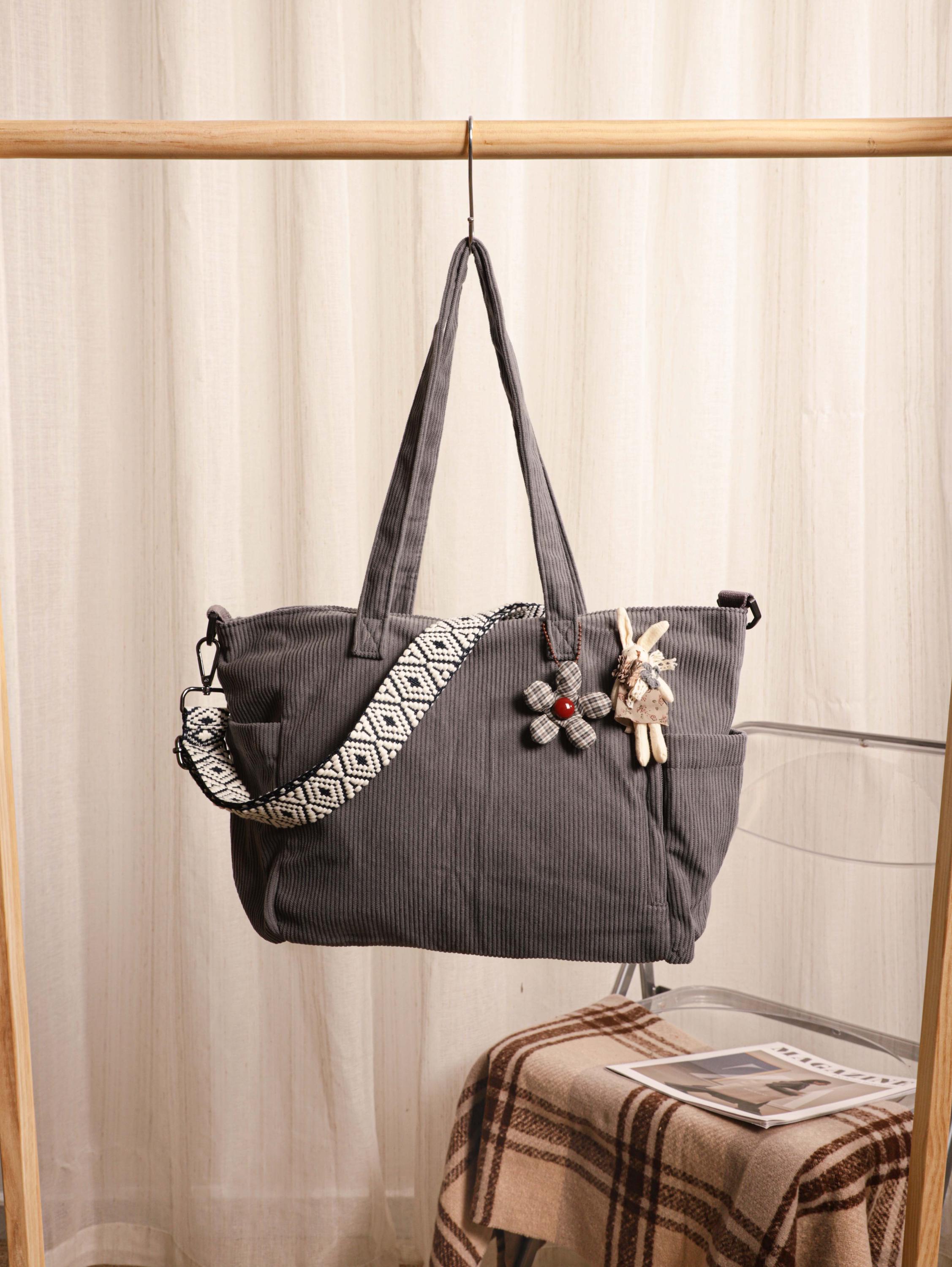 Corduroy Tote Bag, Soft Green Everyday Travel Work Bag, Shoulder Crossbody Style view 15