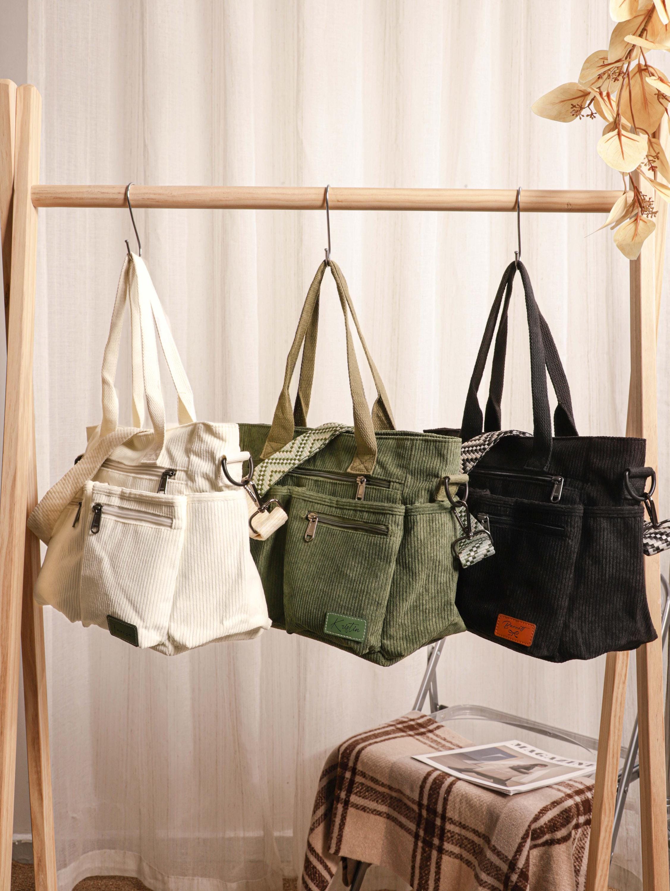 Personalized Custom Names, Retro Corduroy Tote Bag, Adjustable Strap, Multiple Pockets, Casual Travel Shoulder Bag, Leather Labels view 5