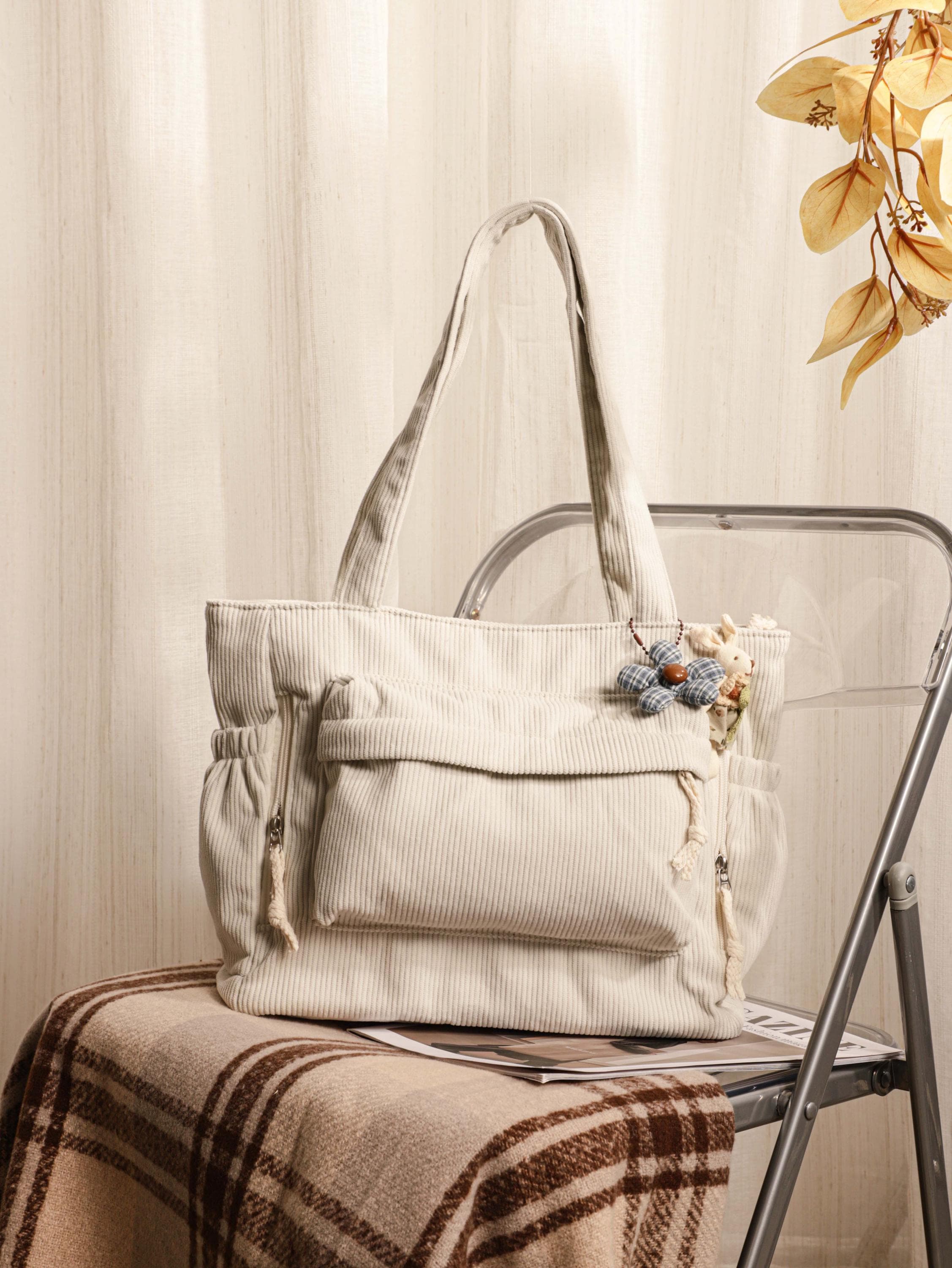 Retro Corduroy Tote Bag, Shoulder Bag for Women, Casual Corduroy Bag With Pockets, Adjustable Strap & Zipper, Women's Everyday Handbag view 8