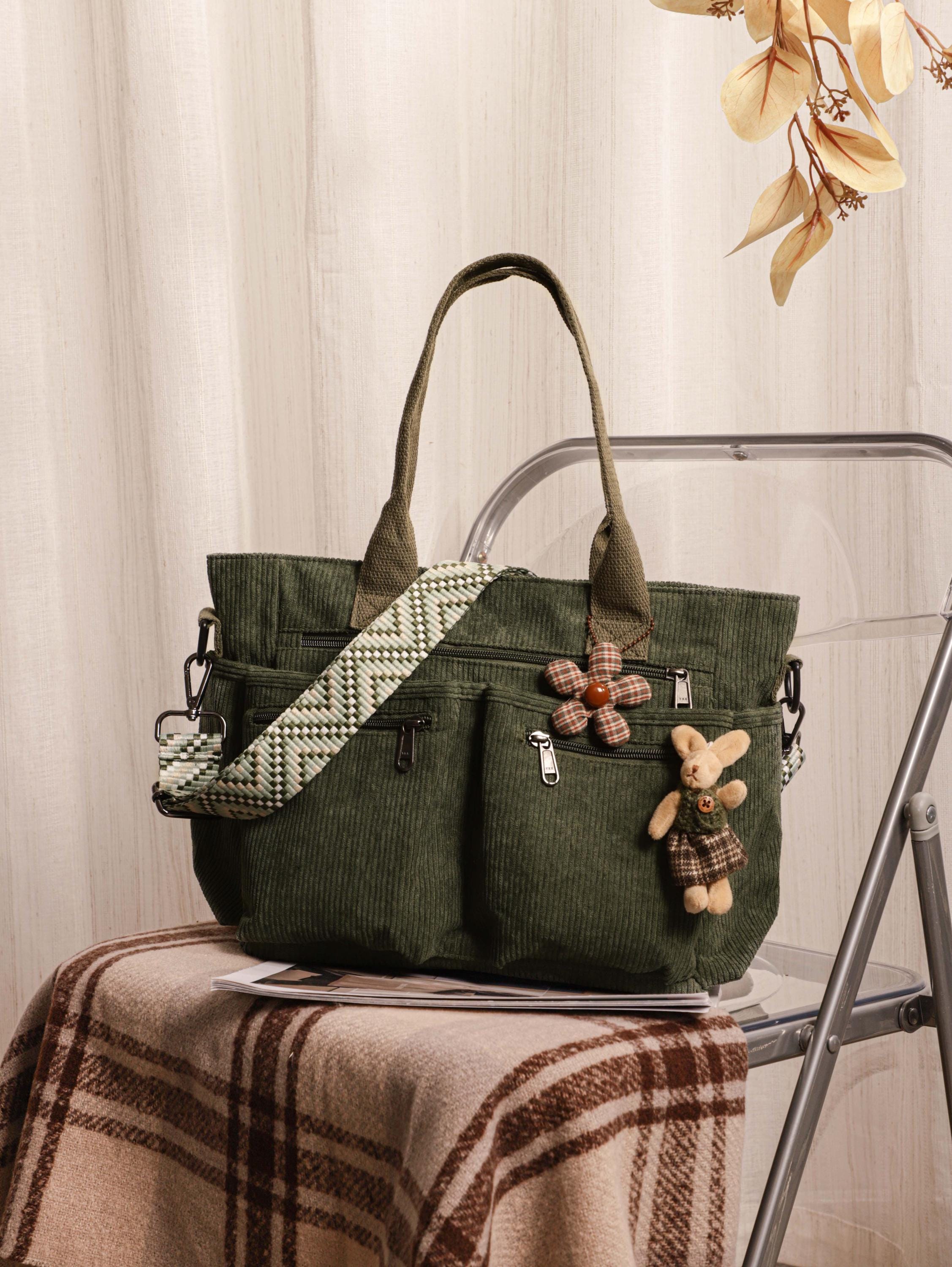 Retro Corduroy Tote Bag, Adjustable Strap, Multiple Pockets, Casual Travel Shoulder Bag view 2