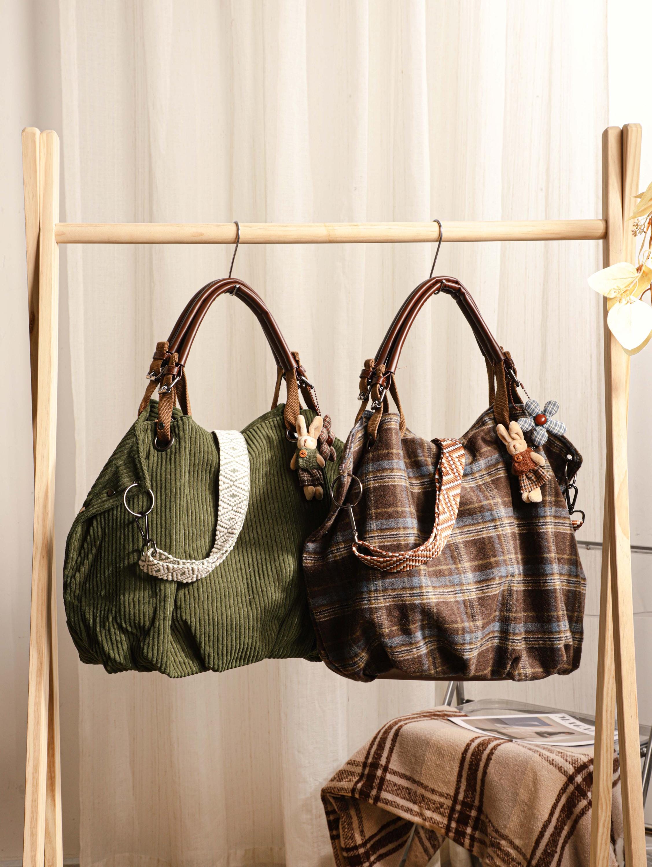 Retro Tote Bag, Shoulder Bag, Corduroy Crossbody Bag With Adjustable Strap, Leather Label, Travel Crossbody Bag view 7