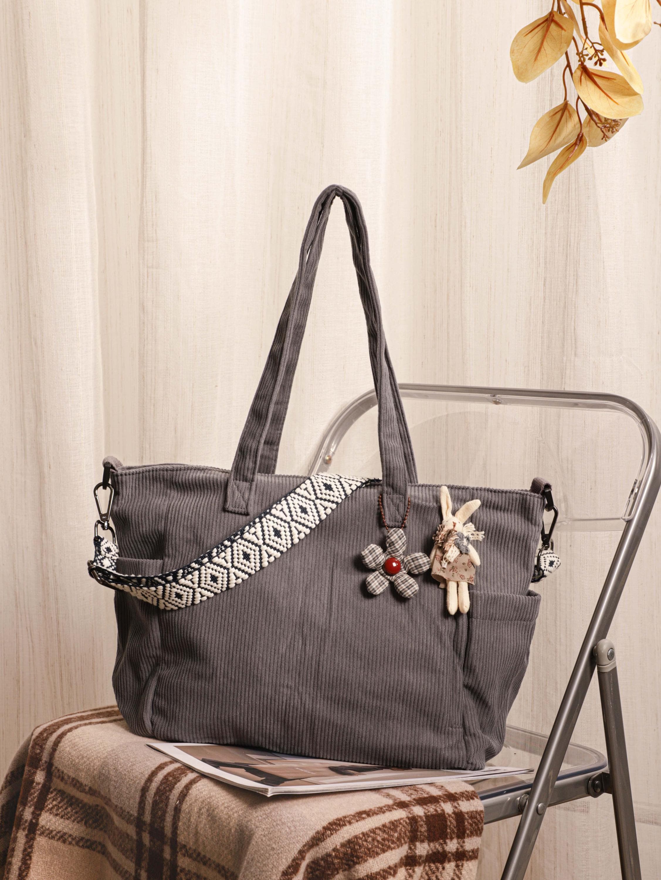 Corduroy Tote Bag, Soft Green Everyday Travel Work Bag, Shoulder Crossbody Style view 8