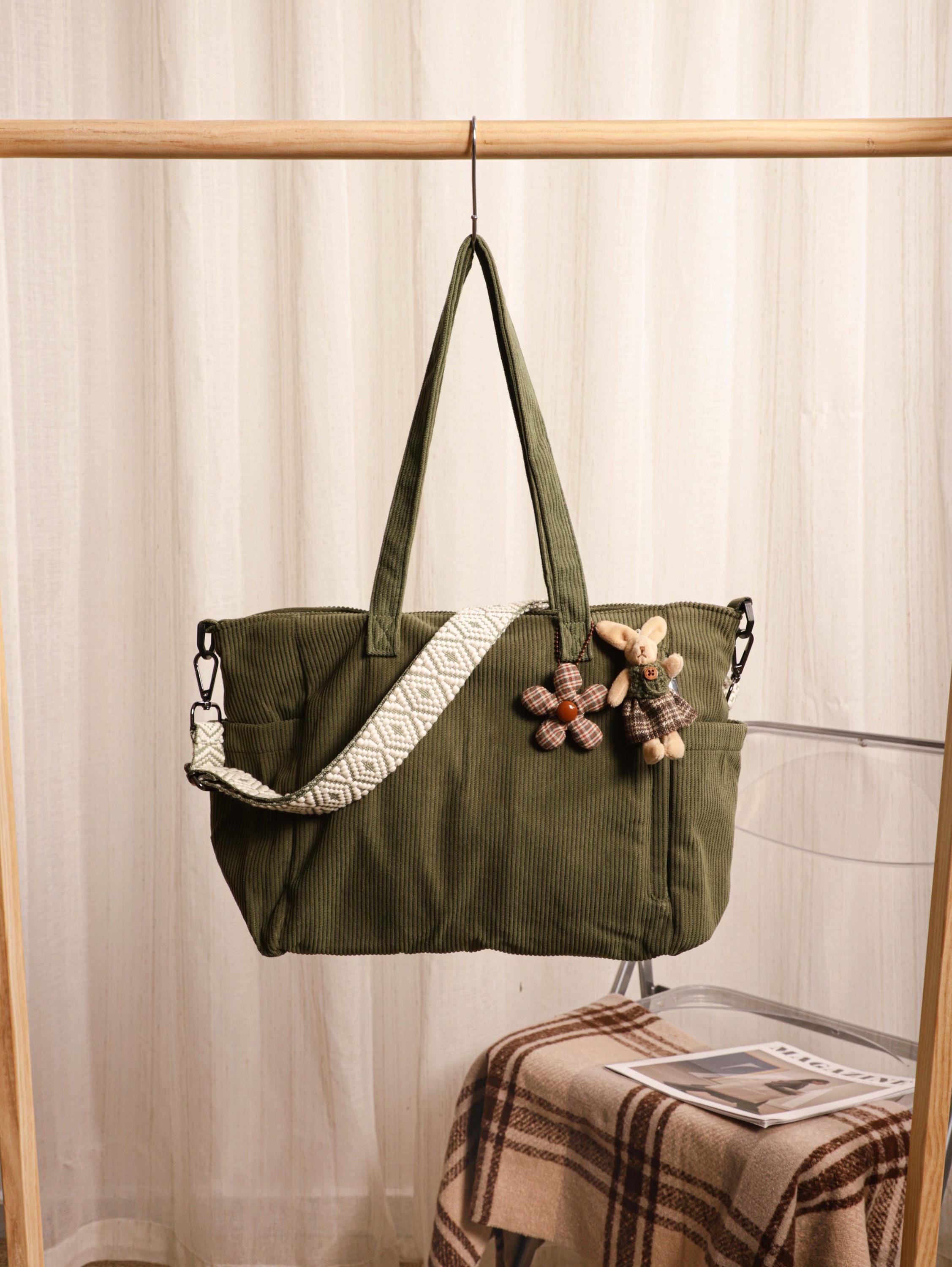 Corduroy Tote Bag, Soft Green Everyday Travel Work Bag, Shoulder Crossbody Style view 7