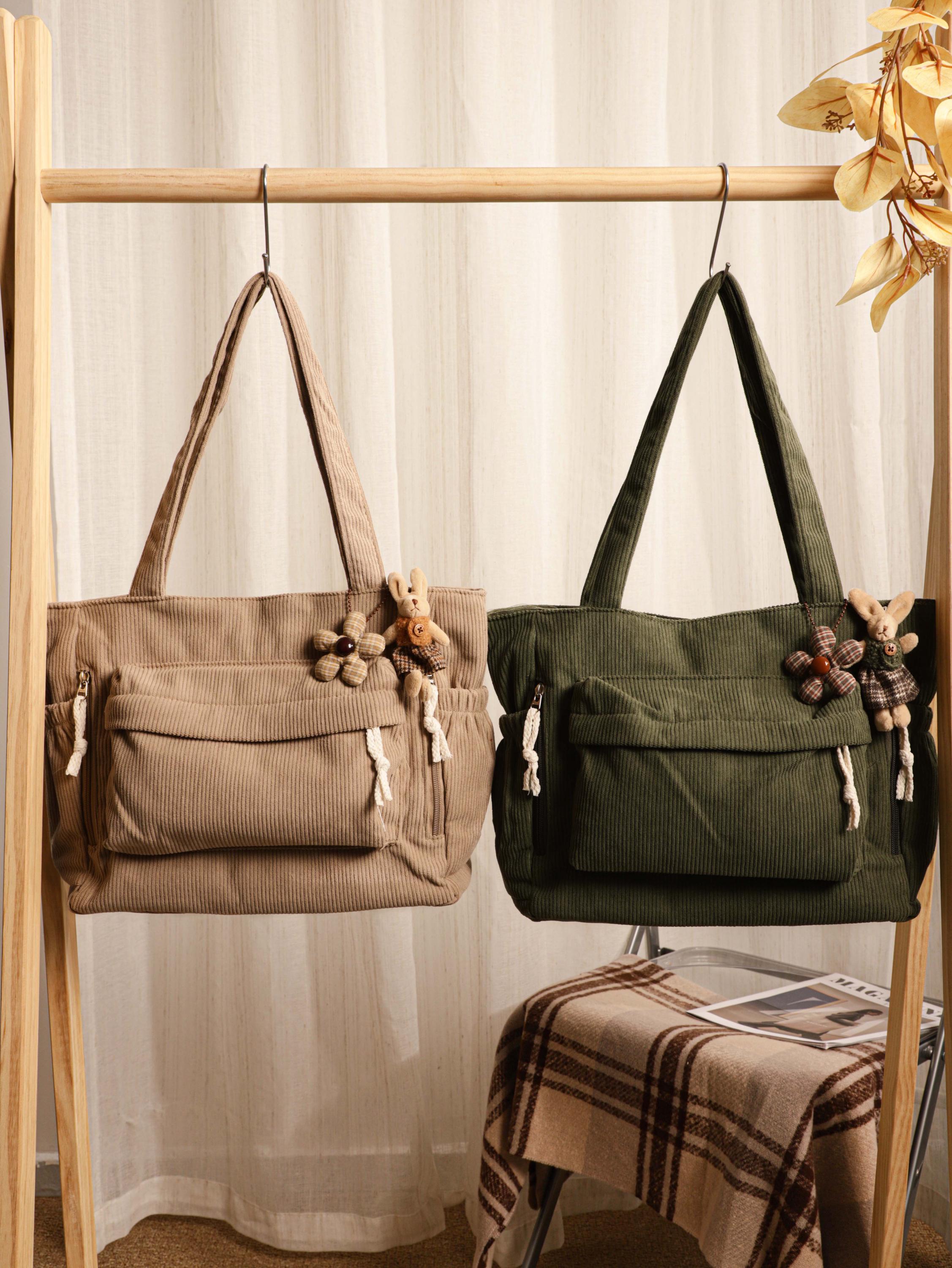 Retro Corduroy Tote Bag, Shoulder Bag for Women, Casual Corduroy Bag With Pockets, Adjustable Strap & Zipper, Women's Everyday Handbag view 2