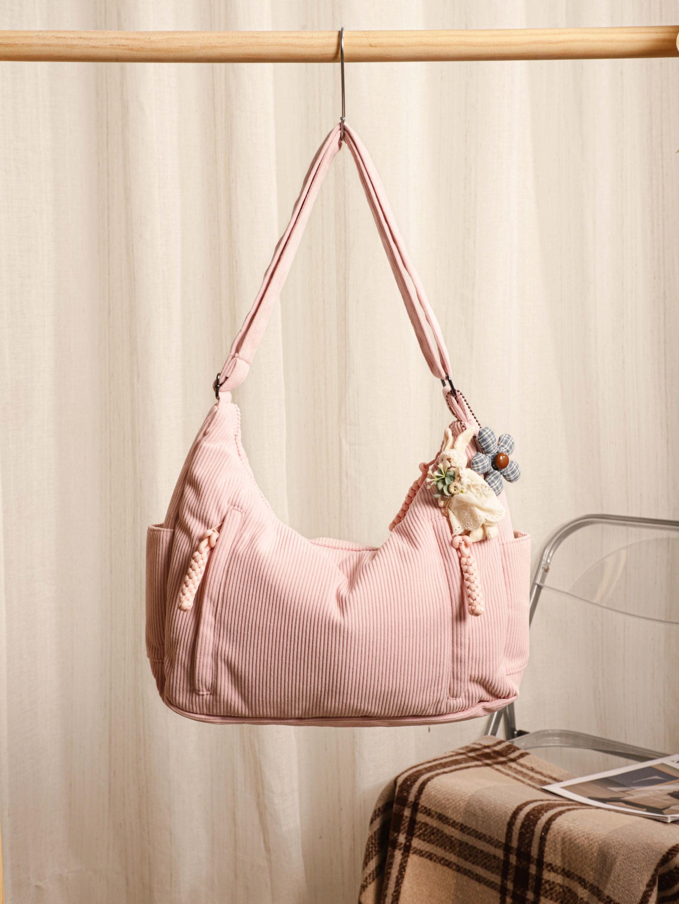 Corduroy Tote Bag, Women's Shoulder Bag, Zipper Pocket, Adjustable Strap view 11