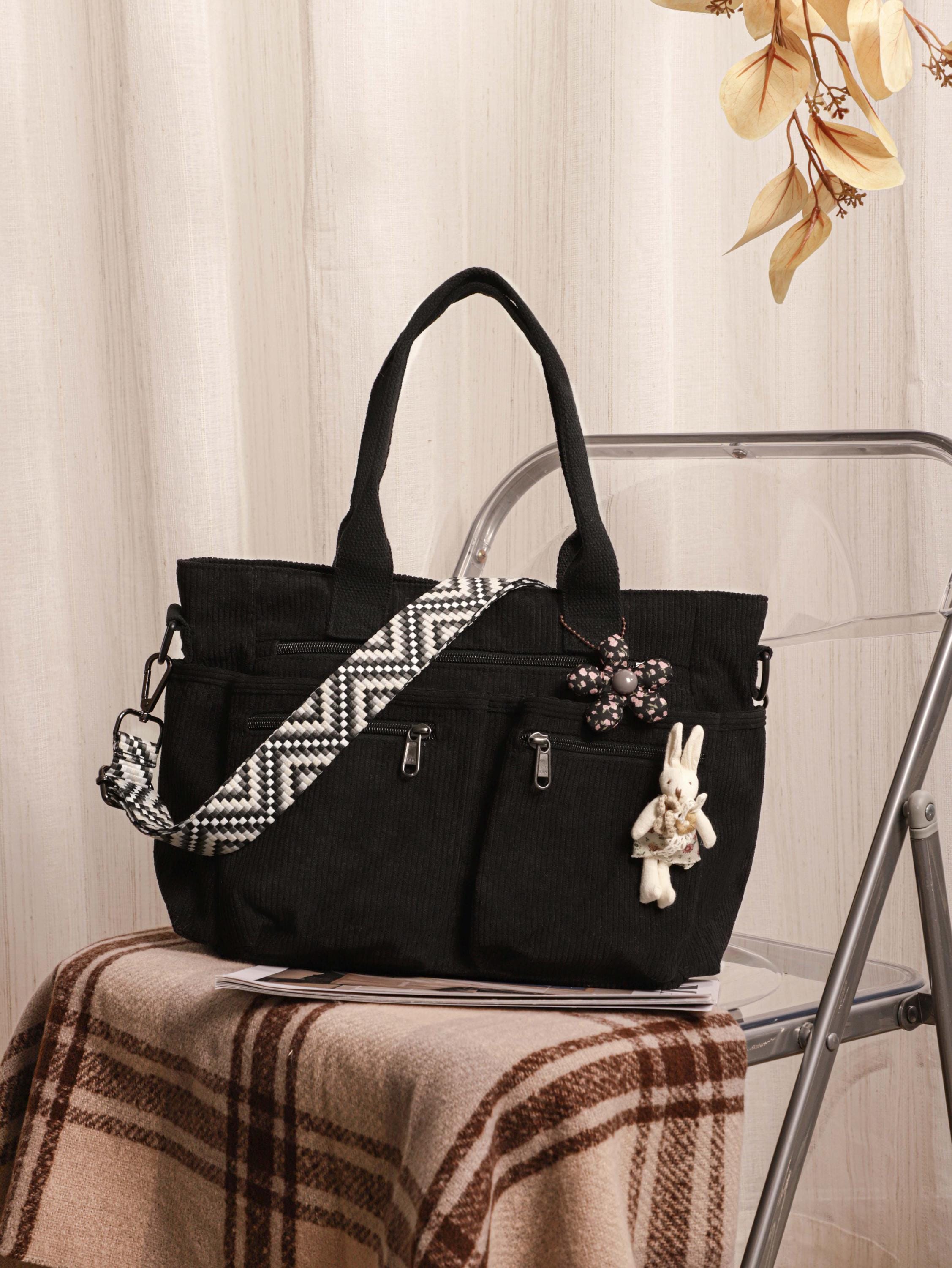 Retro Corduroy Tote Bag, Adjustable Strap, Multiple Pockets, Casual Travel Shoulder Bag view 6
