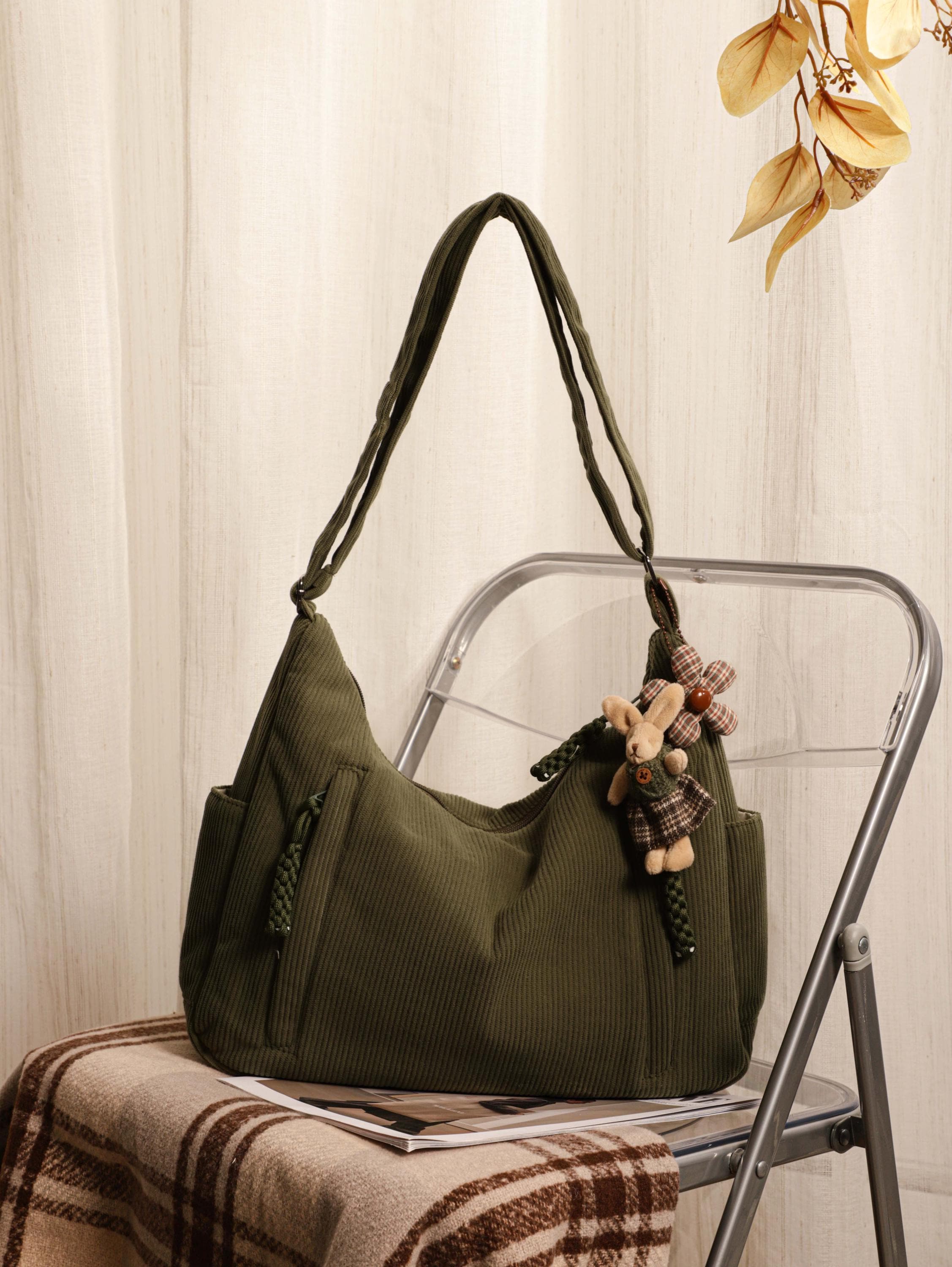 Corduroy Tote Bag, Women's Shoulder Bag, Zipper Pocket, Adjustable Strap view 2