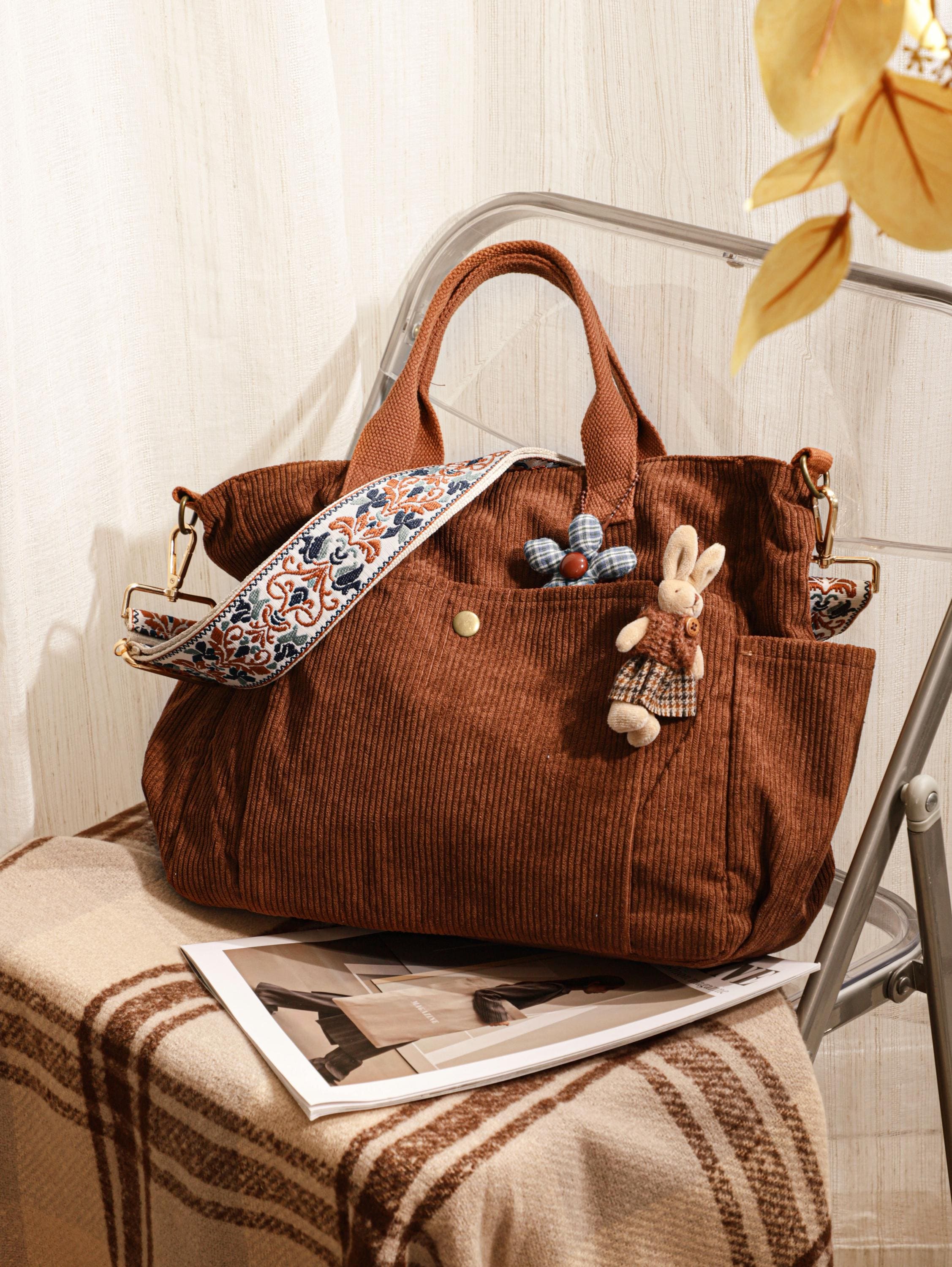 Corduroy Crossbody Tote Bag, Large Capacity Travel Bag view 5