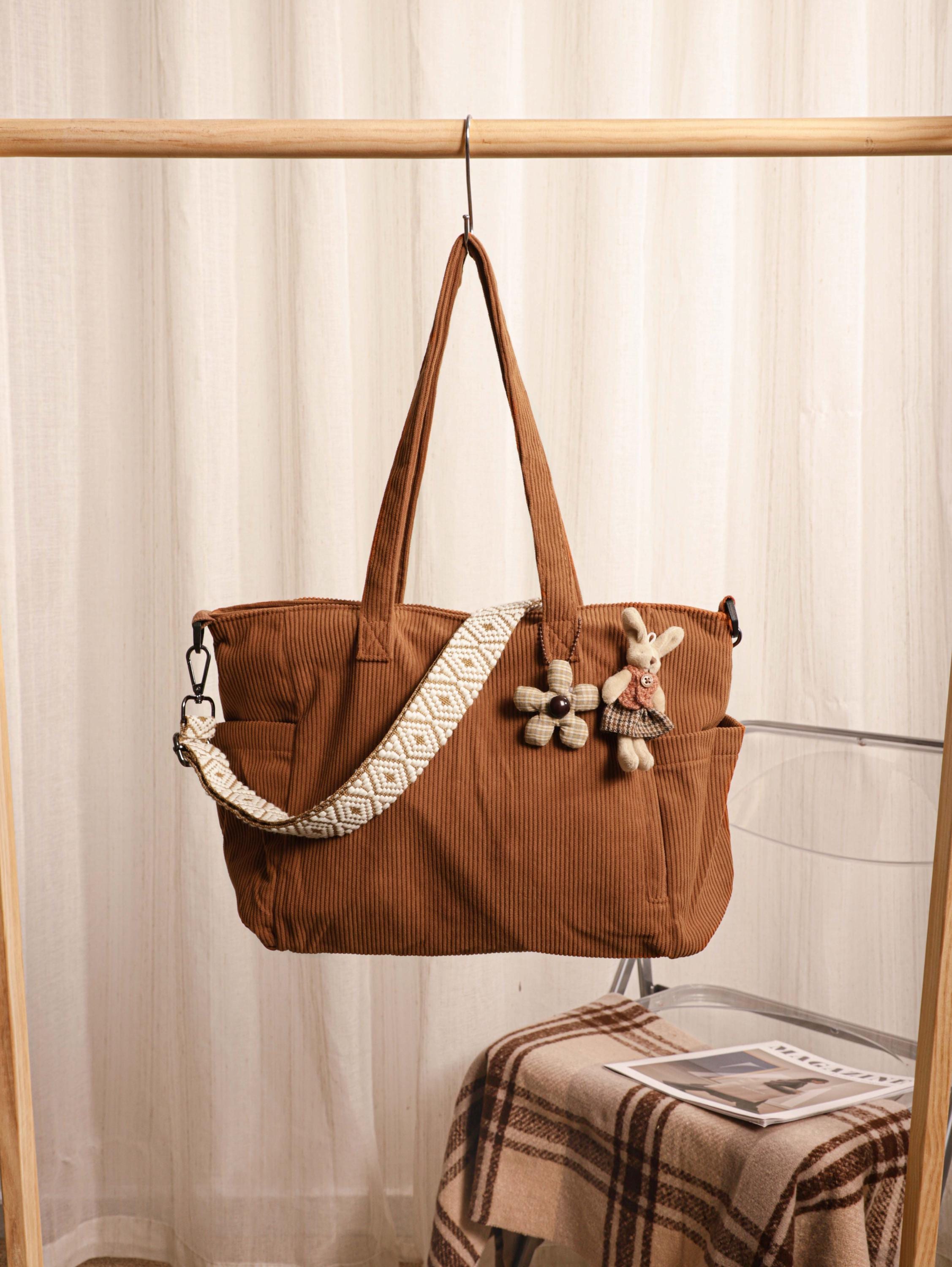 Corduroy Tote Bag, Soft Green Everyday Travel Work Bag, Shoulder Crossbody Style view 10