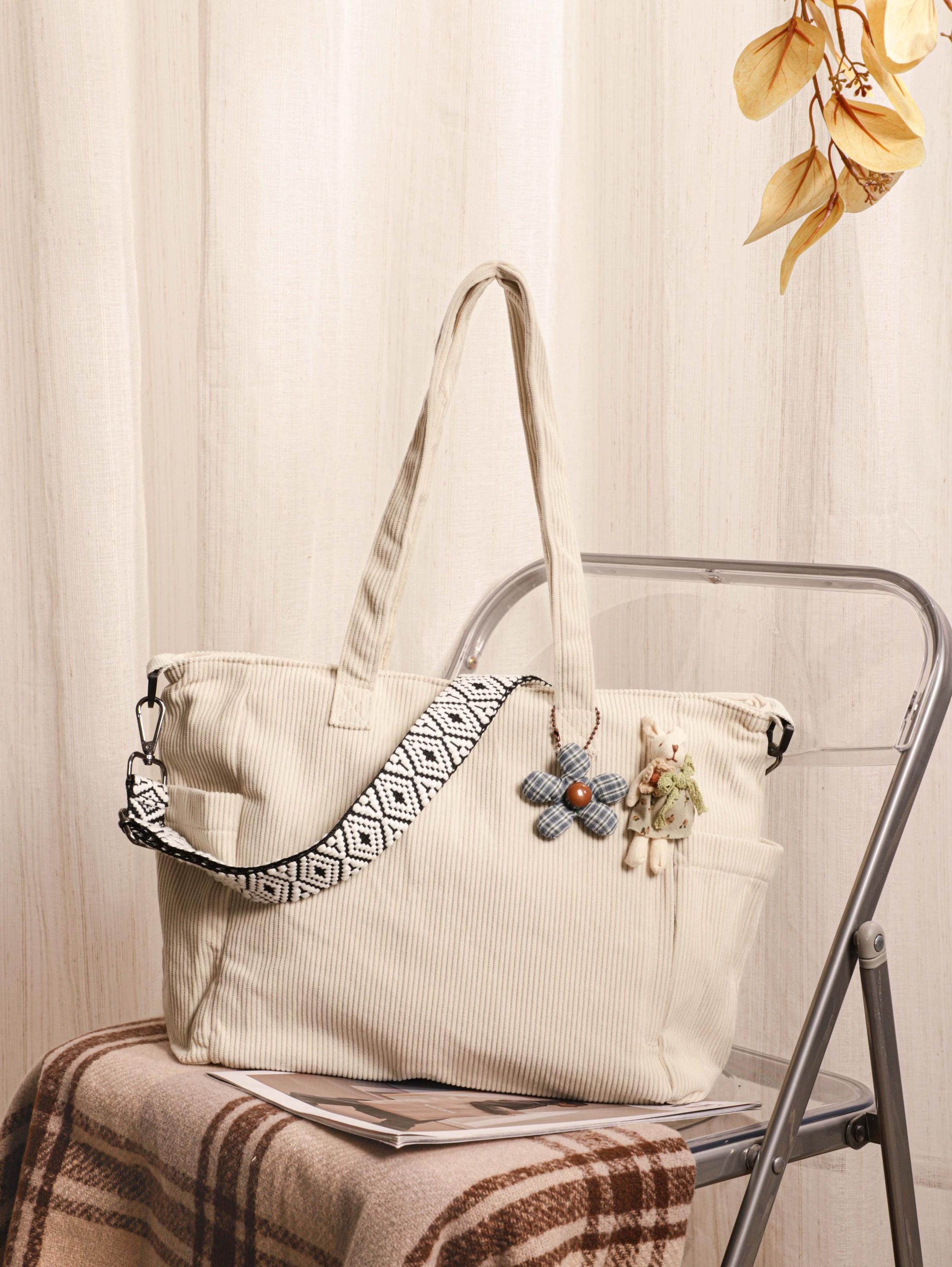 Corduroy Tote Bag, Soft Green Everyday Travel Work Bag, Shoulder Crossbody Style view 13