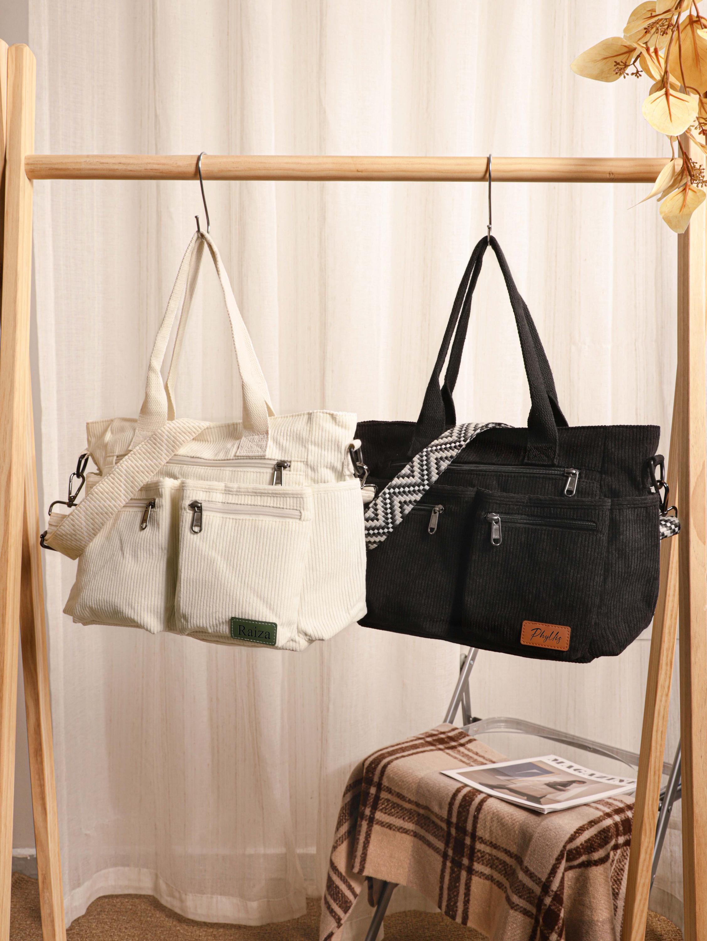 Personalized Custom Names, Retro Corduroy Tote Bag, Adjustable Strap, Multiple Pockets, Casual Travel Shoulder Bag, Leather Labels view 6