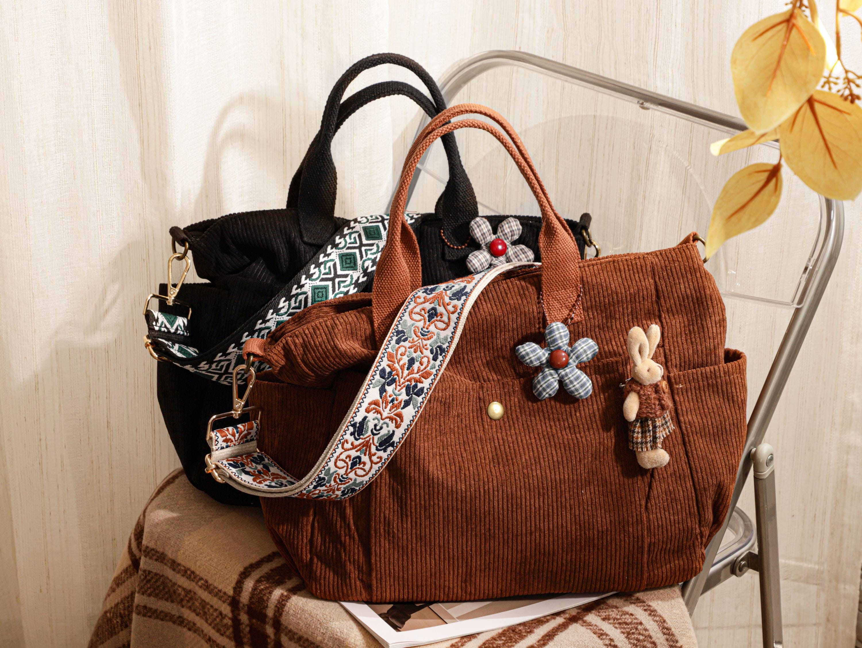 Corduroy Crossbody Tote Bag, Large Capacity Travel Bag view 3