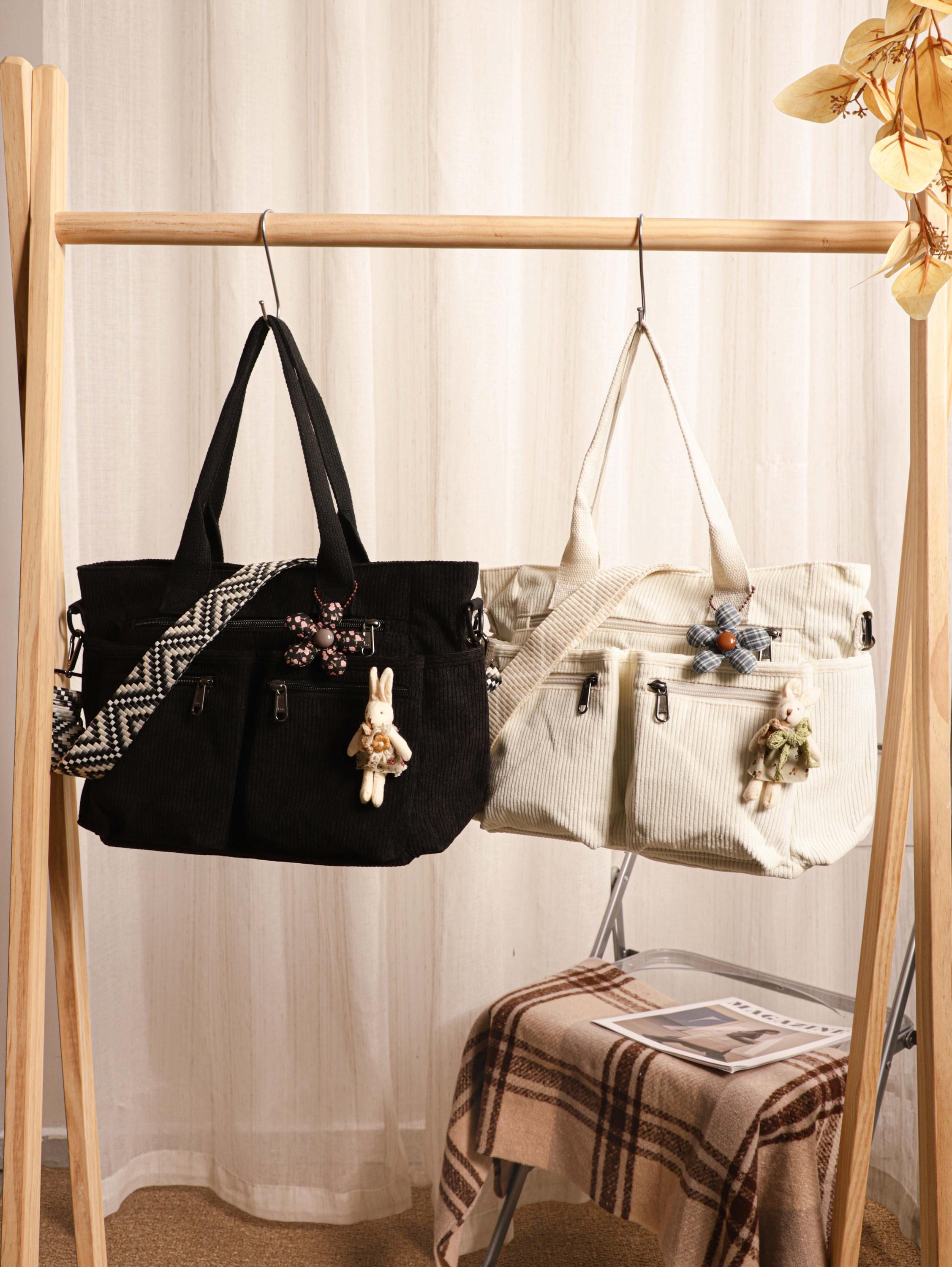 Retro Corduroy Tote Bag, Adjustable Strap, Multiple Pockets, Casual Travel Shoulder Bag view 3