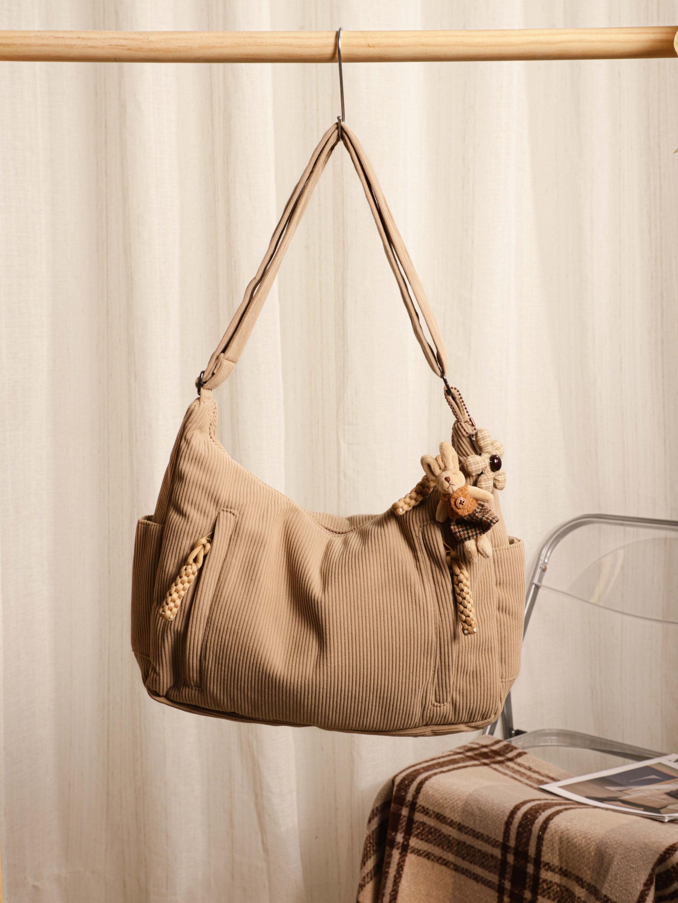 Corduroy Tote Bag, Women's Shoulder Bag, Zipper Pocket, Adjustable Strap view 12