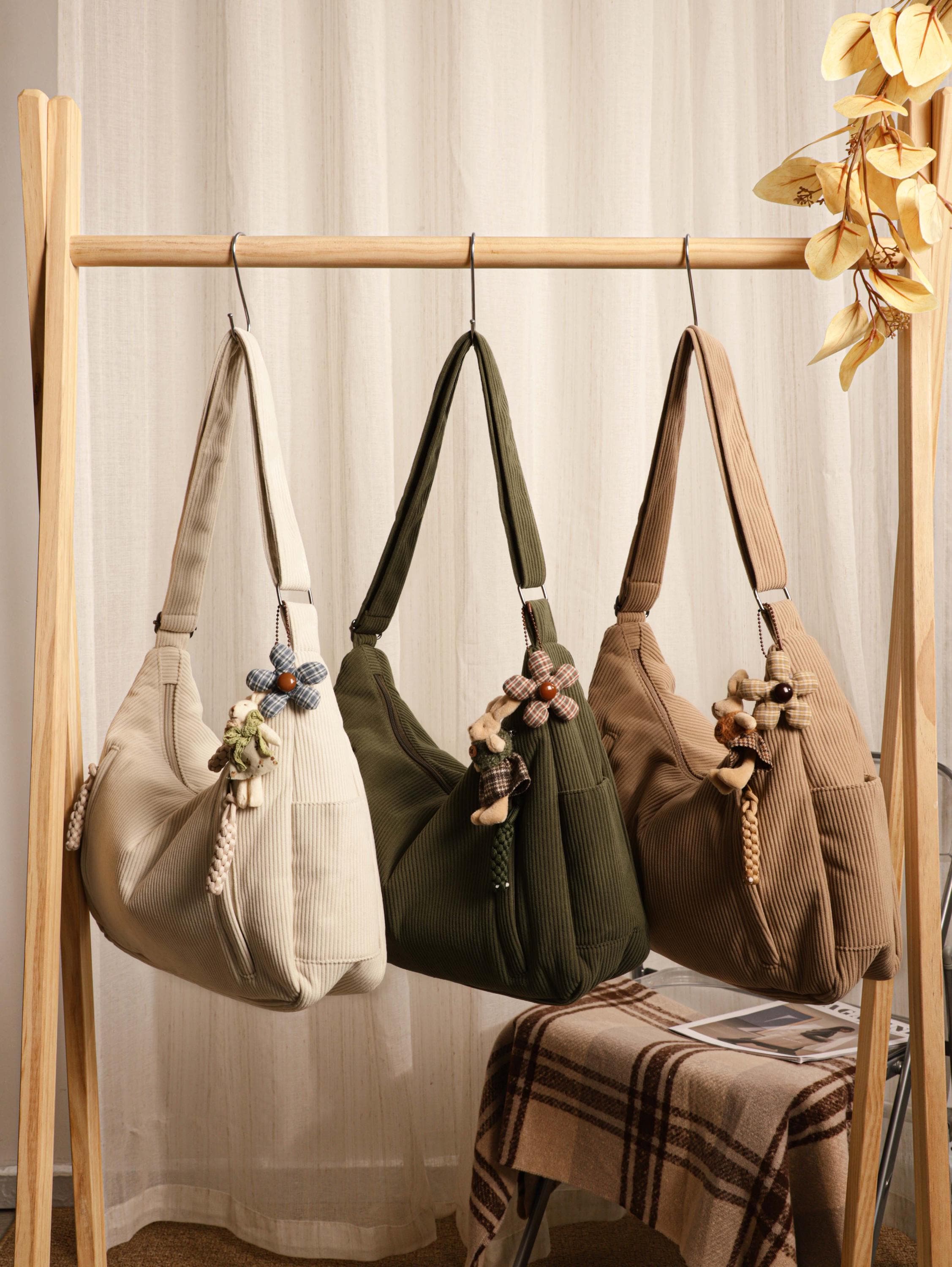 Corduroy Tote Bag, Women's Shoulder Bag, Zipper Pocket, Adjustable Strap view 3