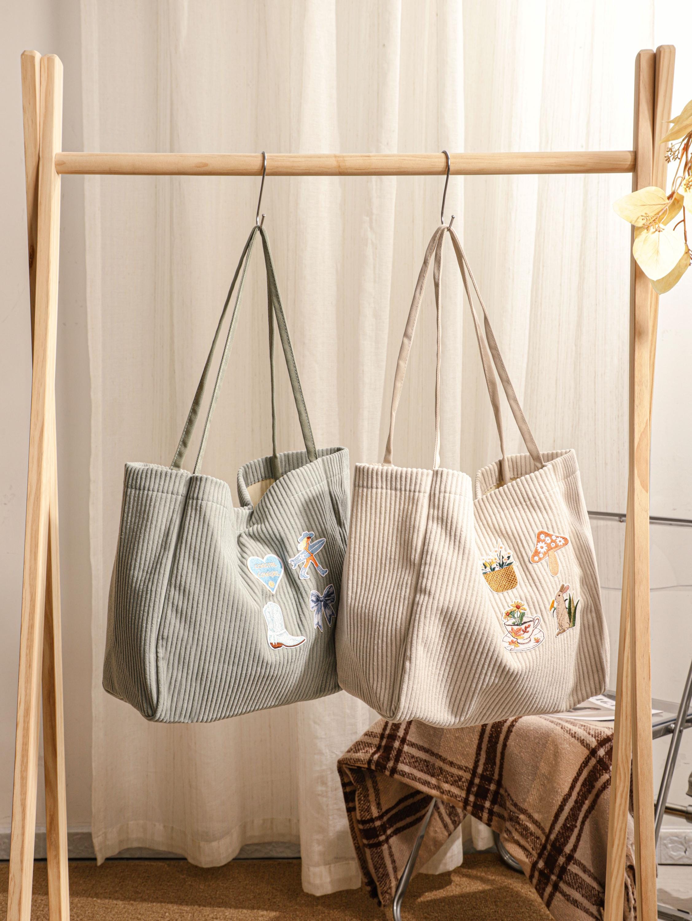 Corduroy Tote Bag, Embroidered Fabric Appliqué Corduroy Bag, Christmas Gift, Gift for Her, Everyday Bag view 6