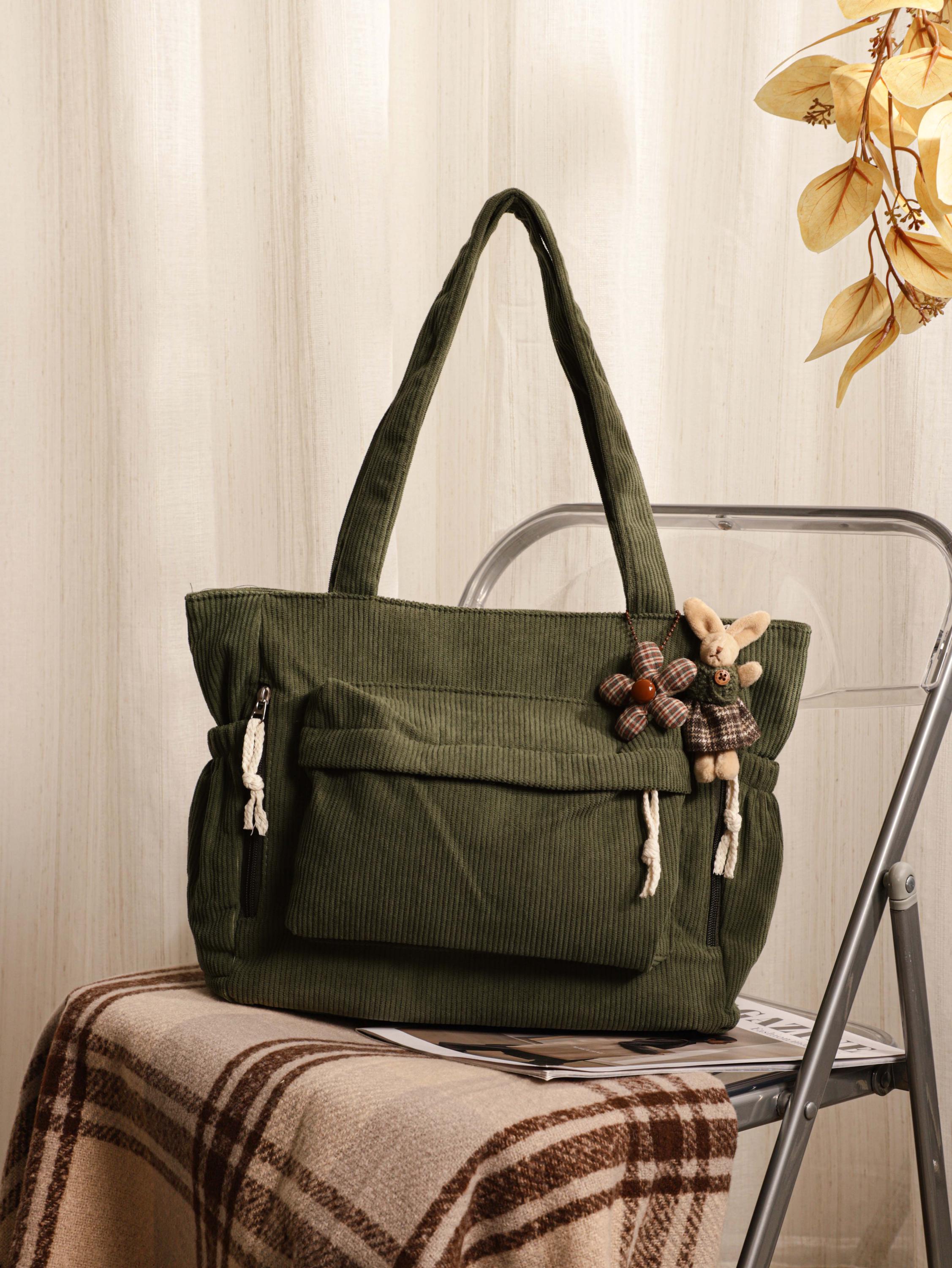 Retro Corduroy Tote Bag, Shoulder Bag for Women, Casual Corduroy Bag With Pockets, Adjustable Strap & Zipper, Women's Everyday Handbag view 11