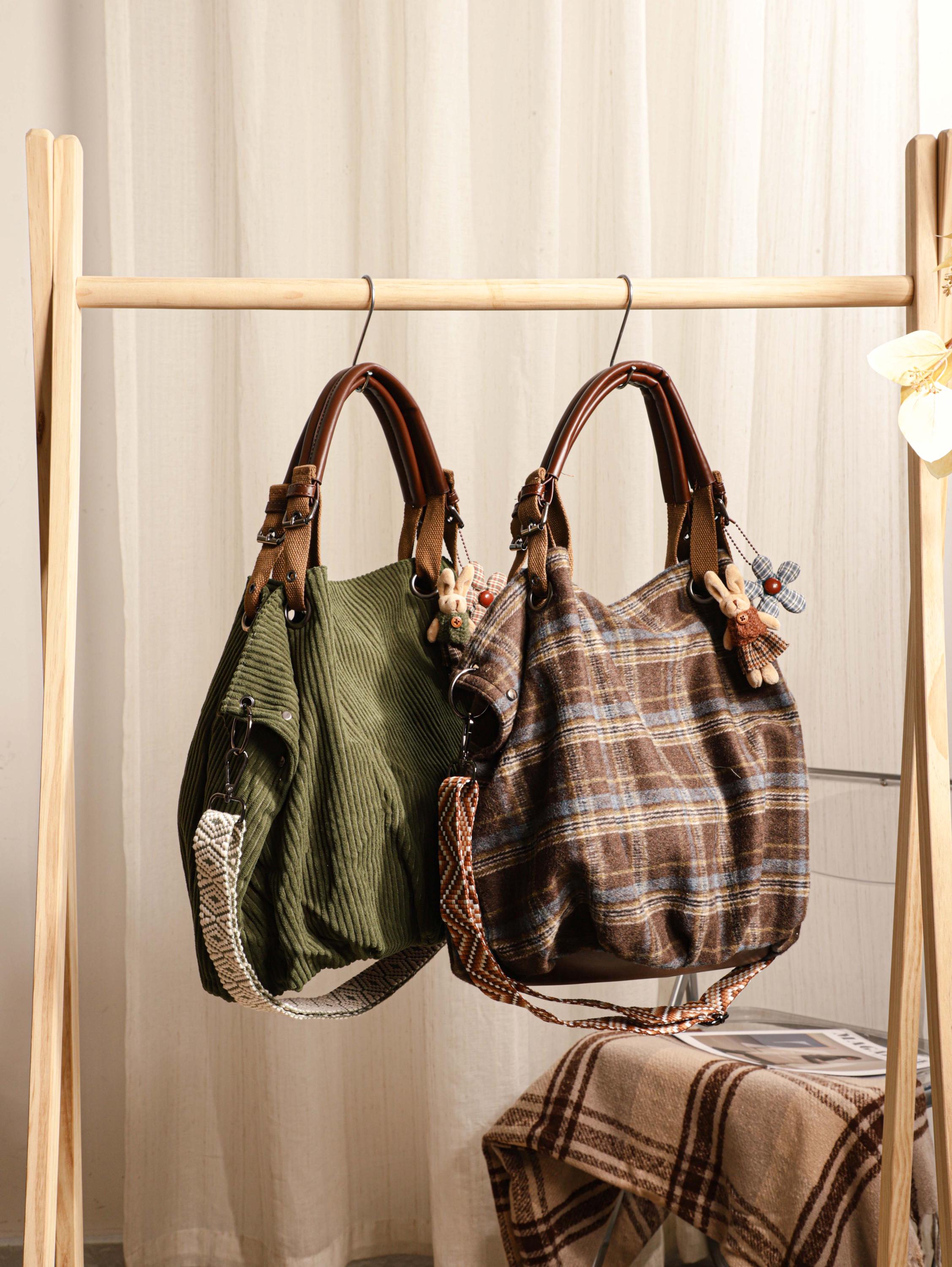Retro Tote Bag, Shoulder Bag, Corduroy Crossbody Bag With Adjustable Strap, Leather Label, Travel Crossbody Bag view 5