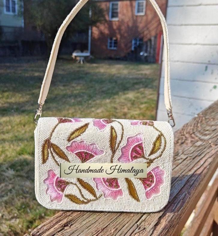 White Beaded Bridal Purse | Pink Floral Ivory Spring Wedding Clutch