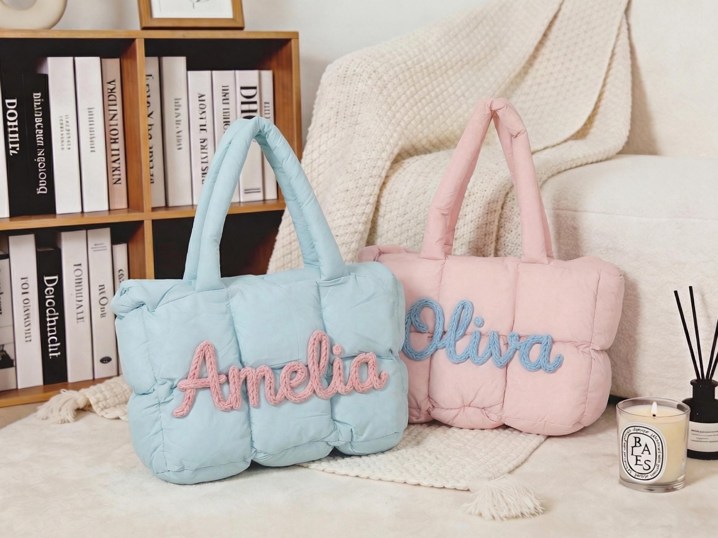 Personalized Quilted Nylon Puffer Tote Bag, Monogrammed Shoulder Bag