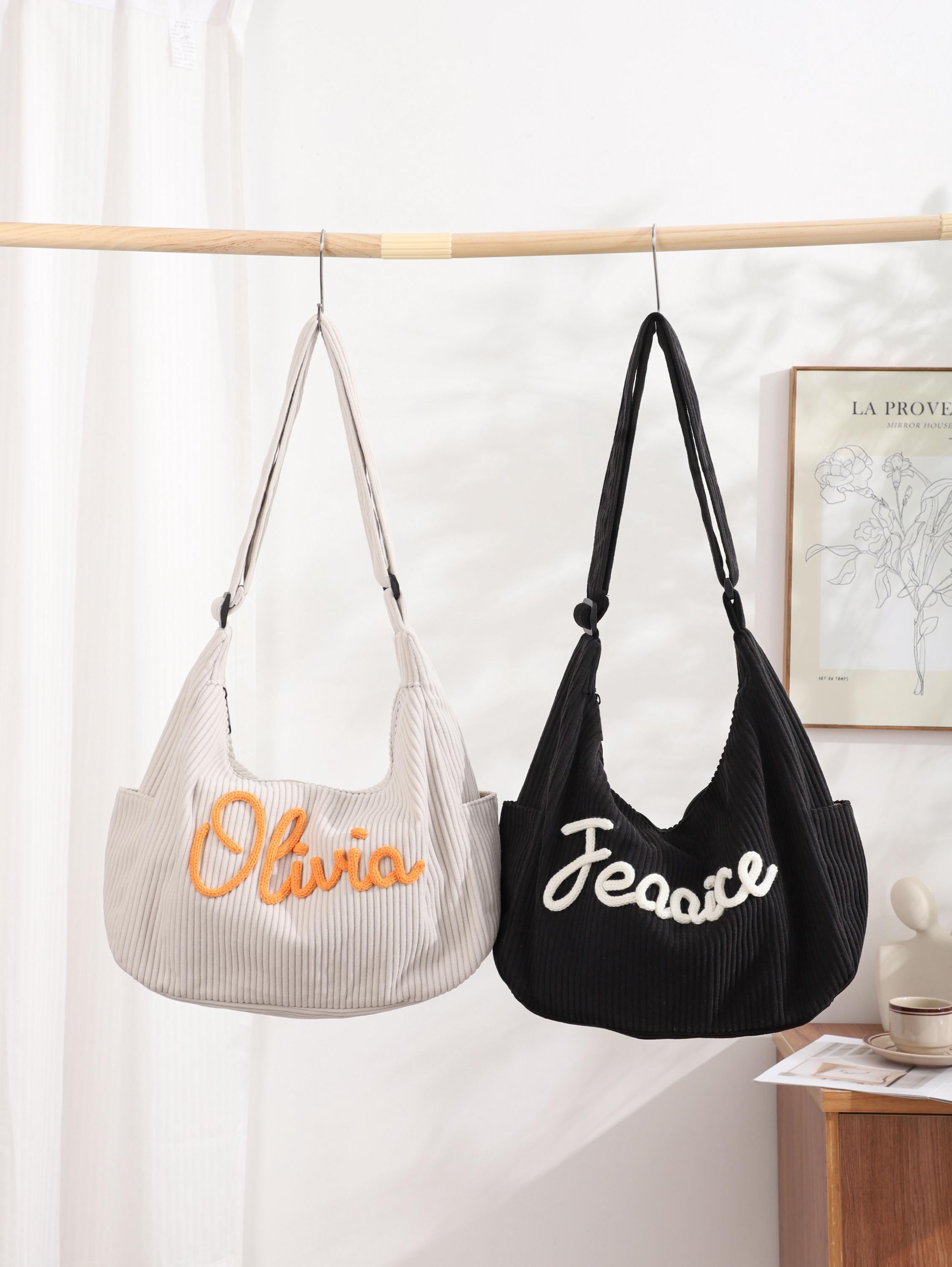 Personalised Corduroy Tote Bag, Custom Name Embroidered Crossbody, Travel Shopping Bag