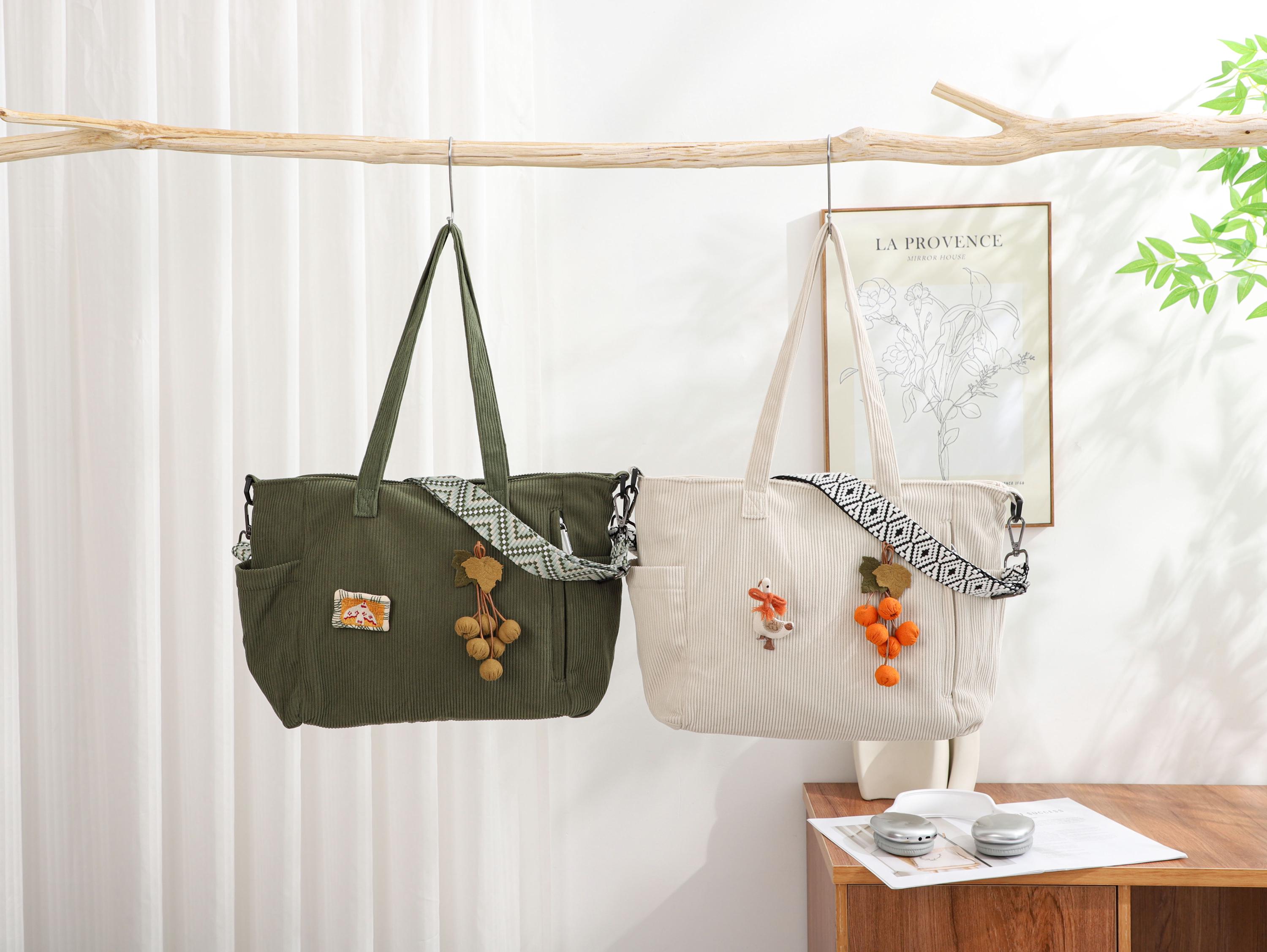 Corduroy Tote Bag, Adjustable Strap, Zipper Close, Everyday Travel Handbag