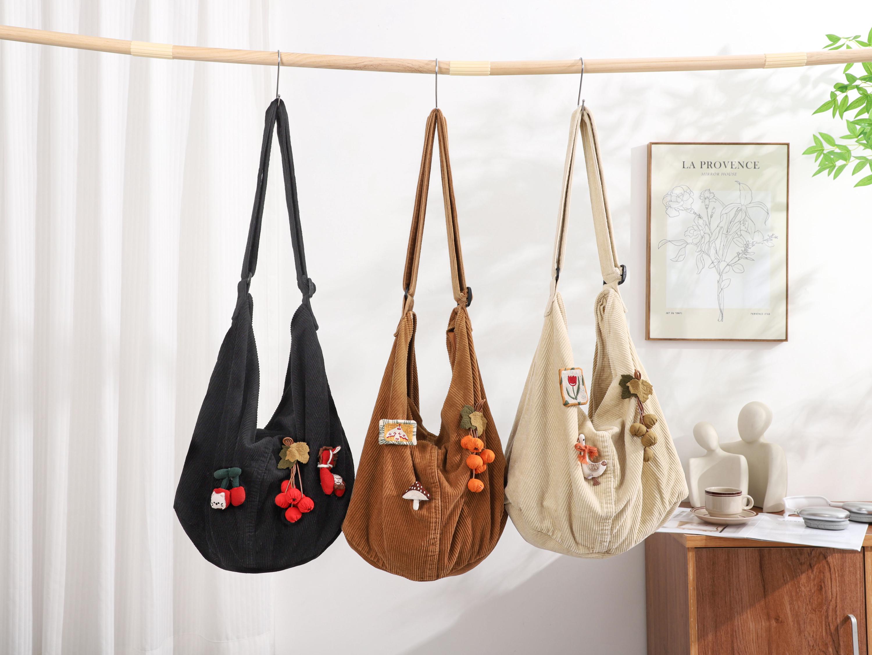 Corduroy Tote Bag, Adjustable Strap, Zipper Pockets, Women Shoulder Bag